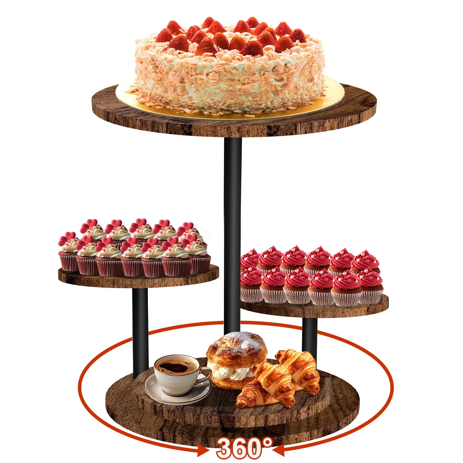 4 Etagen Kuchen und Cupcake Ständer aus Holz, 360° Drehbar Etagere für Desserts, Donuts, Kekse, Macarons, Obst, Hochzeit Geburtstag Mottoparty Tortenständer Dekoration (Ø 30cm/32cm)