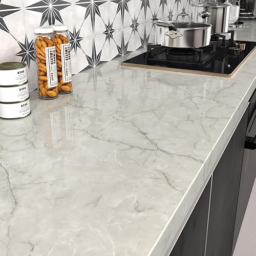 LiKiLiKi Papel de contacto de mármol grisblanco para apartamentos, armarios de escritorio, papel tapiz autoadhesivo de vinilo para pegar y despegar,