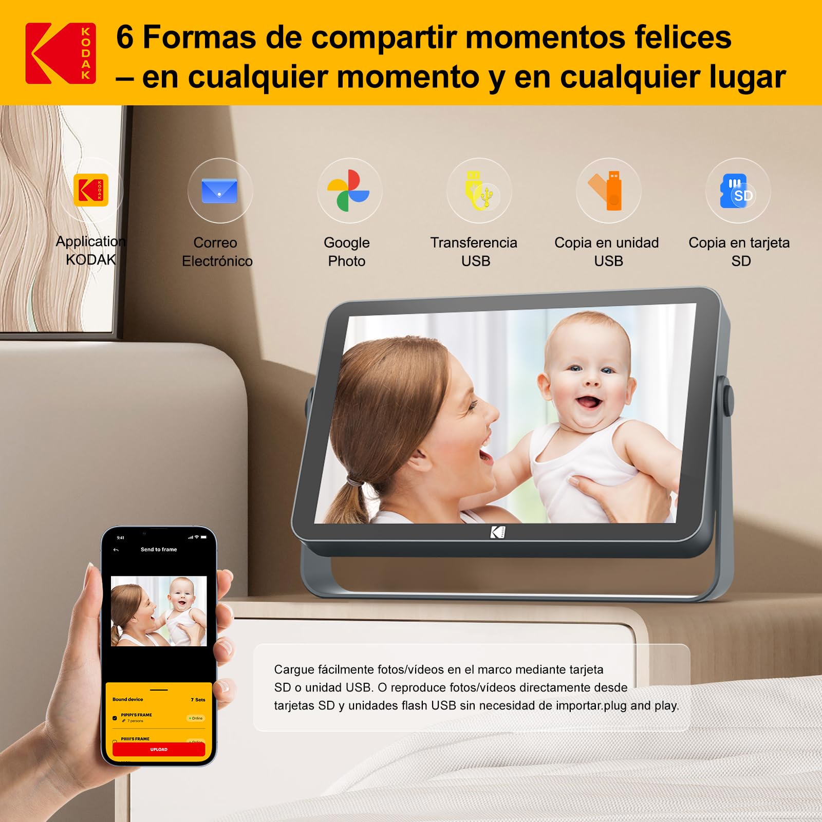 KODAK Marco de Fotos Digital WiFi de 10.1 Pulgadas con Batería de 4000mAh, Pantalla Táctil IPS G+G de 1920x1200, Compartir por WiFi, Memoria de 32 GB Integrada, Rotación Automática, Marco Metálico