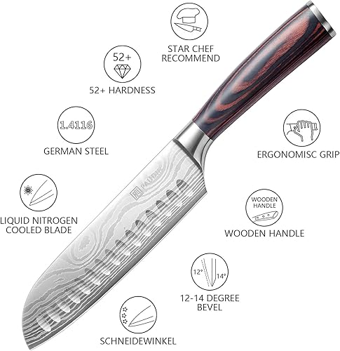 Vista 8 de PAUDIN Cuchillo Santoku, Cuchillo de Cocina de 7 Pulgadas, Filo Ultra Afilado - Acero Inoxidable Alemán Forjado de Alto Carbono, Cuchillo de Chef