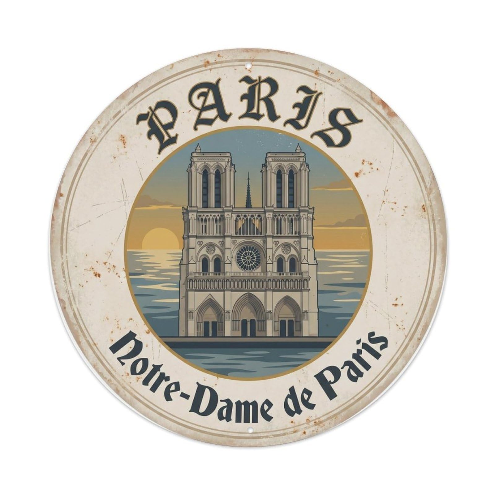 Vintage Travel Parisian Notre Dame Metal Tin Sign Plaque Wall Decor for Cafe, Club Bar, Office, Home Garden Round Metal Poster 8x8Inch