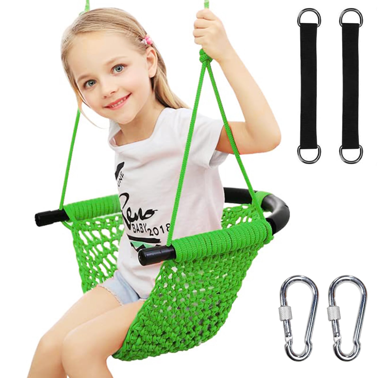 Hi-Na Tree Swing for Kids, Adjustable Toddler Rope Swing Seat with Snap Hooks and Straps, 440 lbs Capacity, Swingset Accessories for Indoor Porch Doorway Outdoor Playground Backyard (Green)