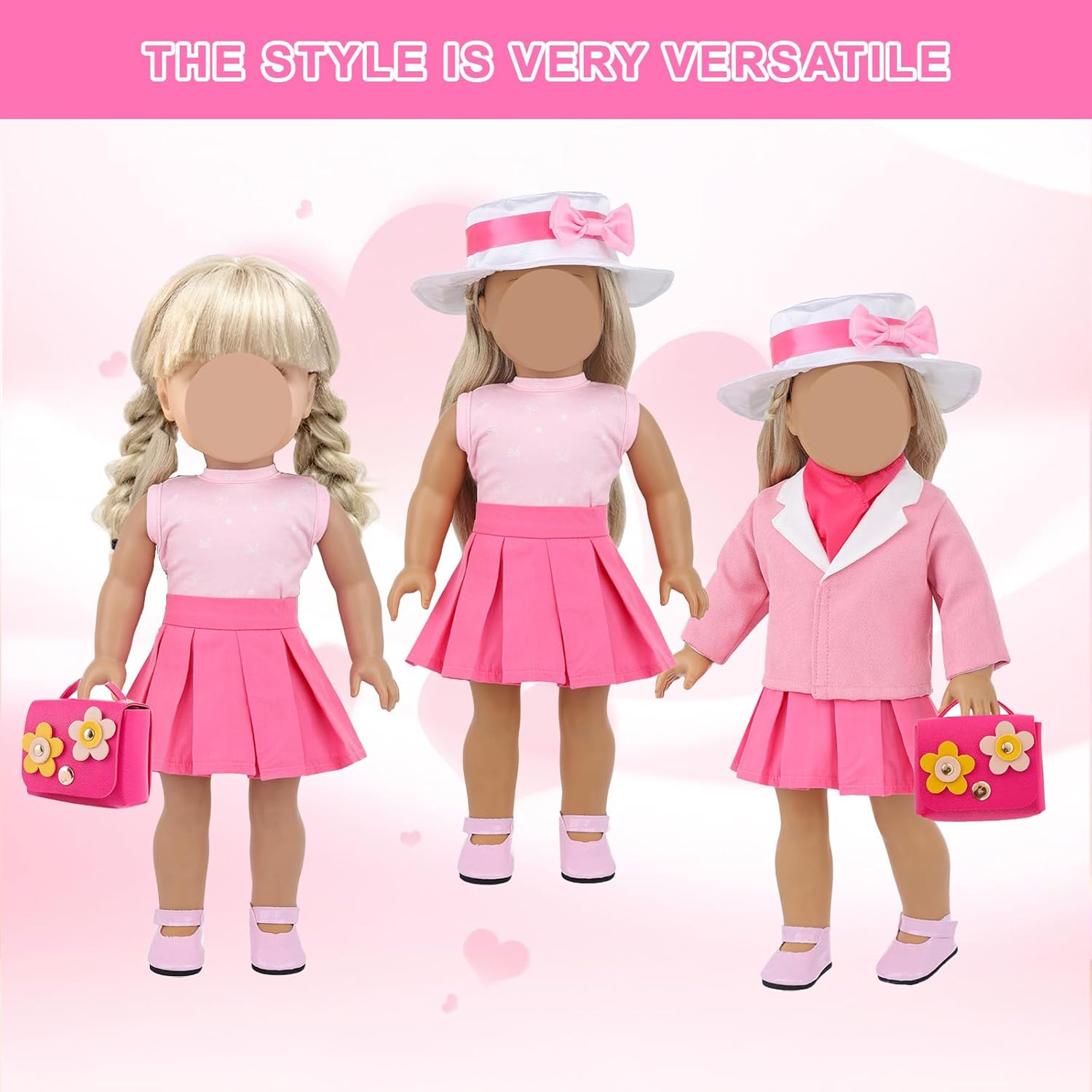 18 Inch Doll Clothes and Accessories, 8 Pcs Girl American Doll Clothing Includes Blazer Vest Pleated Skirt Hat Scarf Handbag Shoes Mobile Phone Travel Gear Play Set Birthday Gift for Age 3 4 5 6 Girls