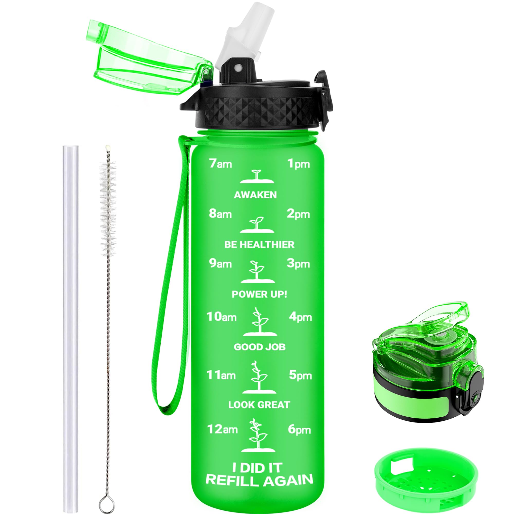 GOPPUS 500ml/17oz Kids Water Bottles with Straw Tritan Childrens Bottle with Flip Top Lid BPA Free Measured Drinks Bottle with Strap Sports Reusable Time Markings Leakproof (Grass Green) — image 1