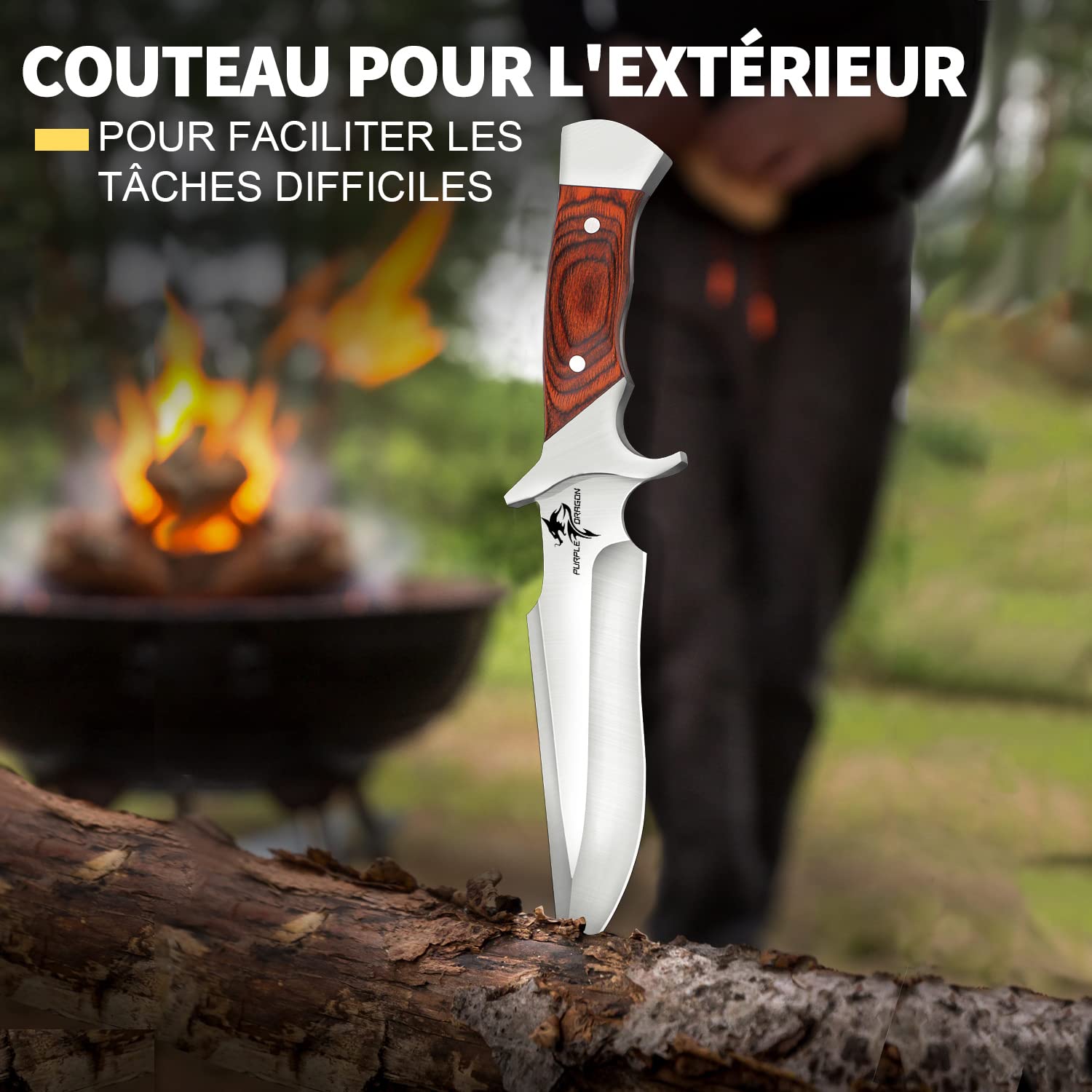 Purple Dragon Lame fixe de couteau de survie en plein air, cadeau d'extérieur pour homme