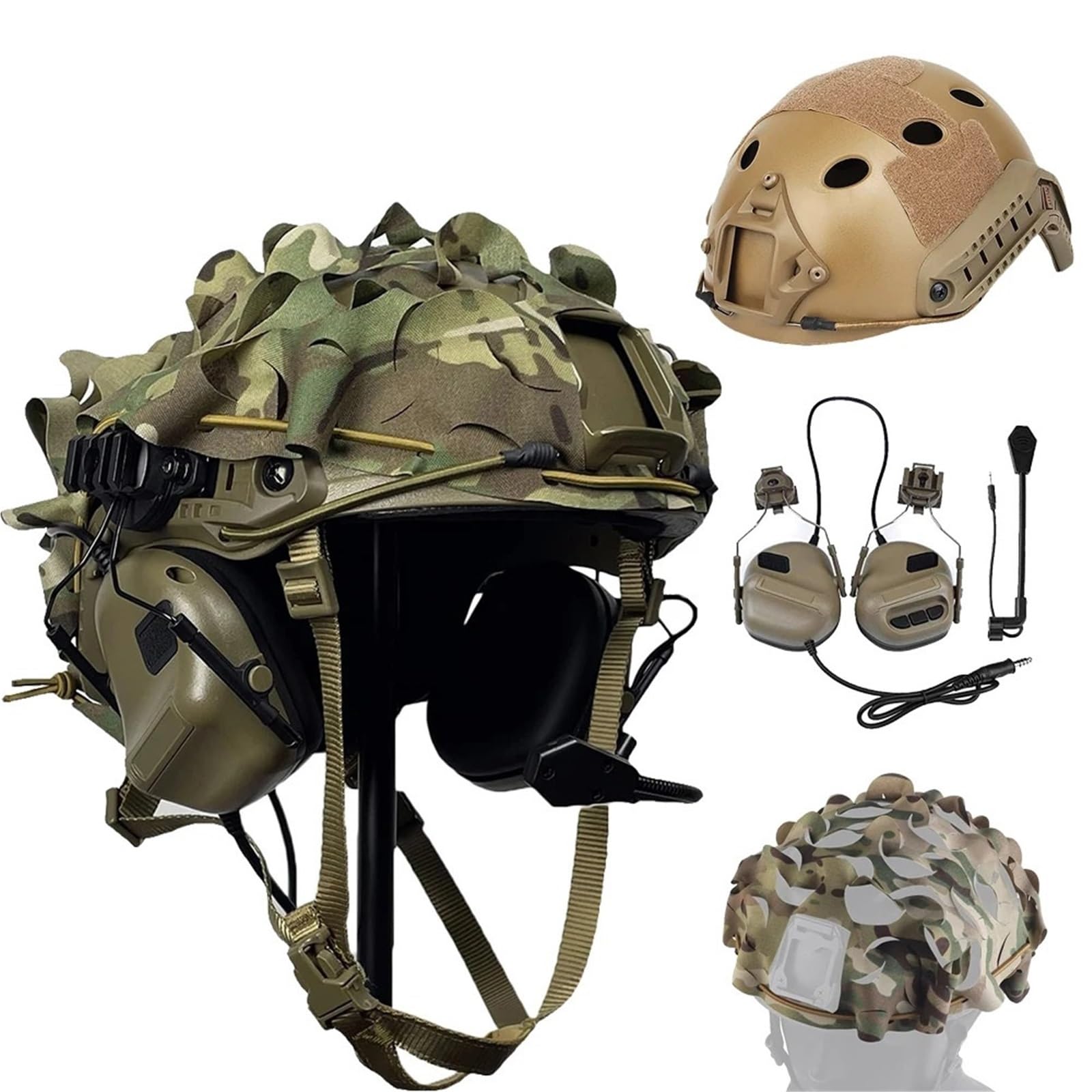 Set di casco tattico Airsoft Fast con cuffie tattiche, casco Airsoft in rete tagliata, copertura mimetica, equipaggiamento protettivo da caccia e combattimento