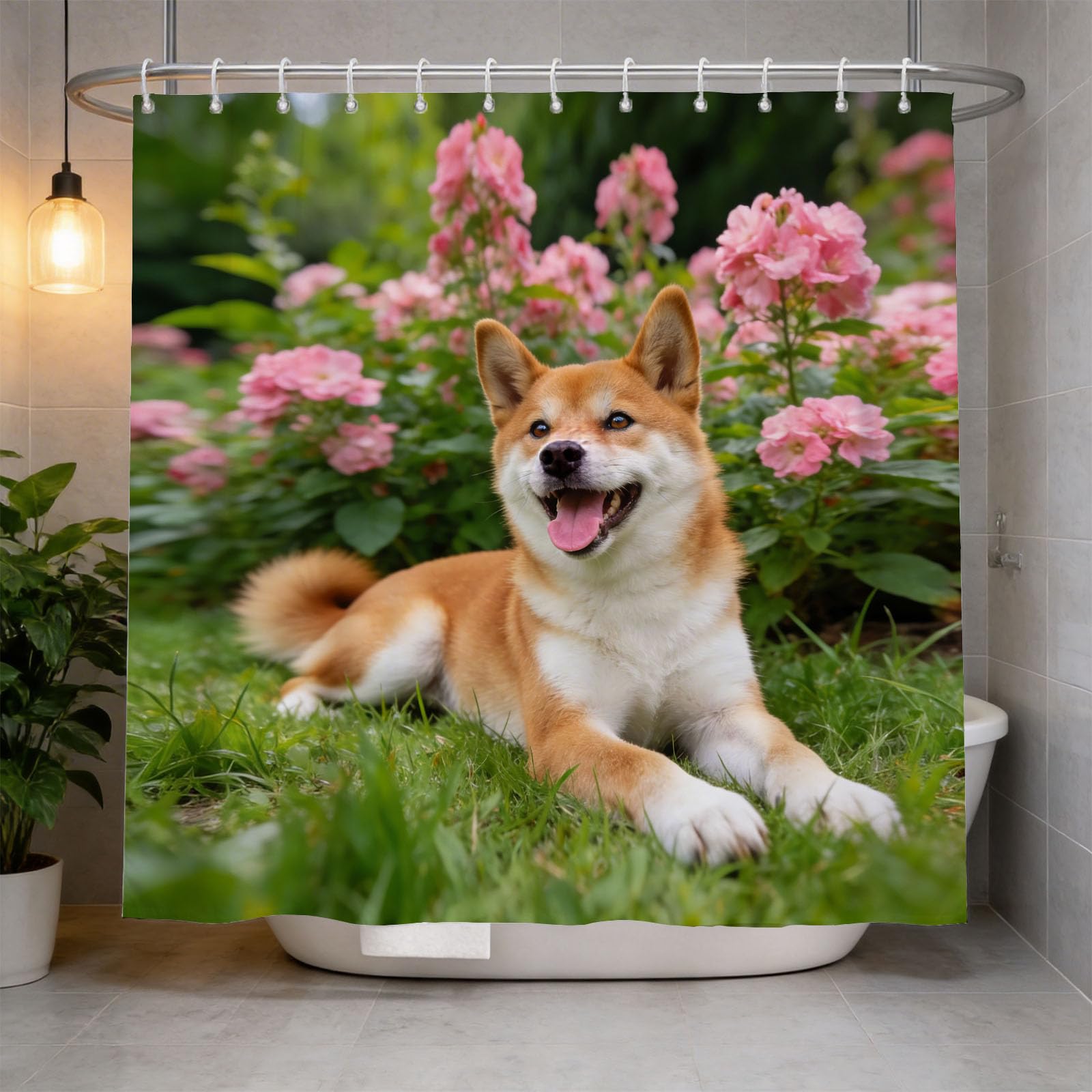 Hongduo 3D Shiba Inu Shower Curtain for Stalls Bathtubs Floral Bathroom Decor Shower Curtain Set Polyester Fabric Waterproof 180x200cm/71X79 Inch with Hooks