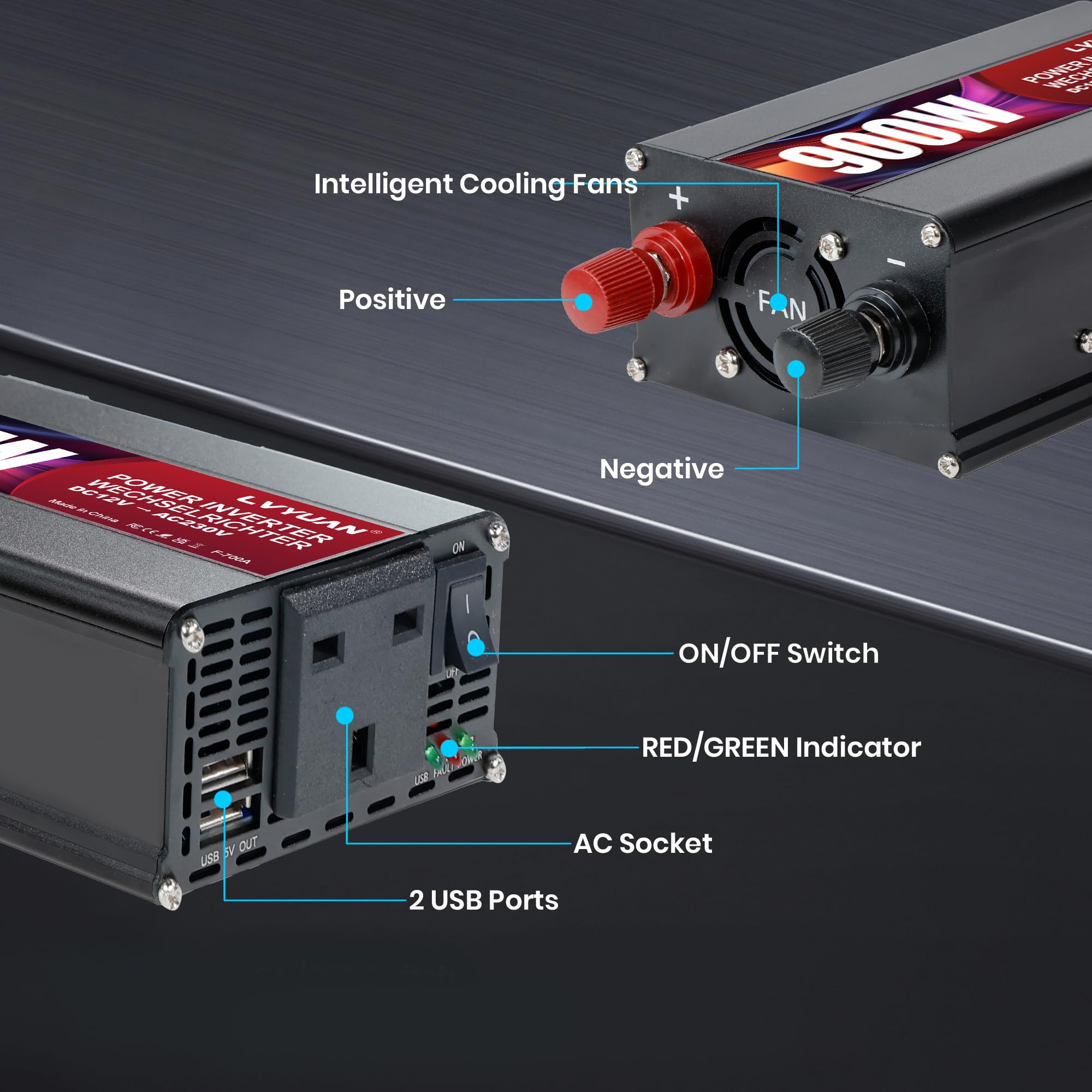 LVYUAN Inverter di potenza 12 V, 900 W
