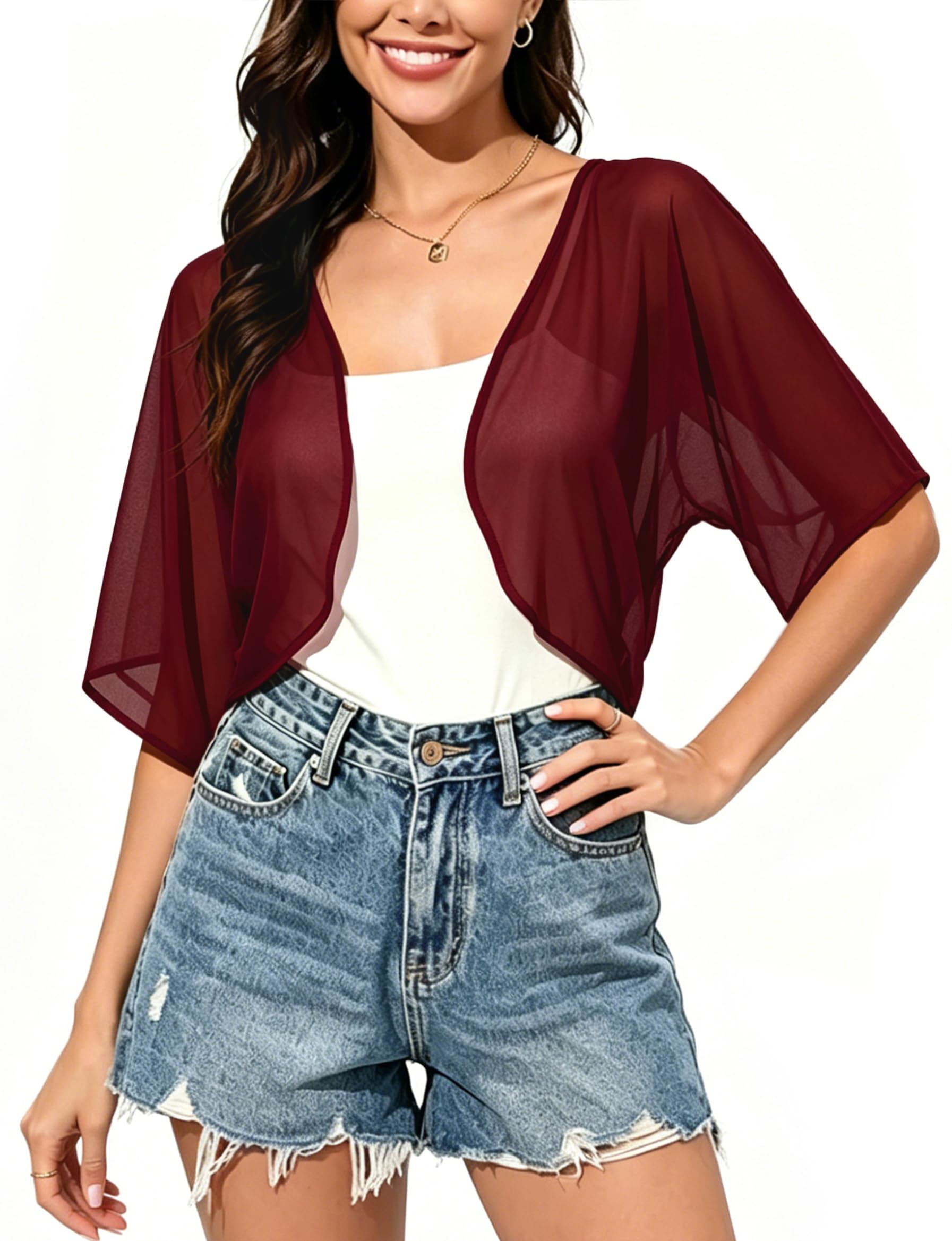 Damen Chiffon Bolero Festlich Elegant Shrug Top Kurze Strickjacke Casual Kurzarm Bolerojacke Leicht Cardigan Open Front Bolerojacke Schulterjacke Tops