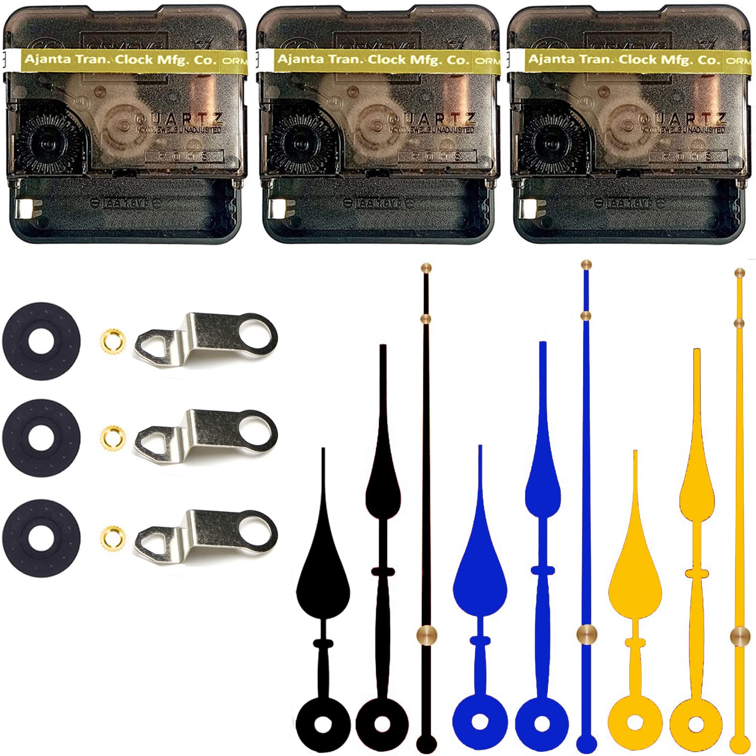 QEWINOX® Combo of 3 Ajanta Mfg. Battery Operated Plastic Ticking Wall Clock Movement Machine with Hands (Made in India 100%) (Black,Blue,Gold)-image-30