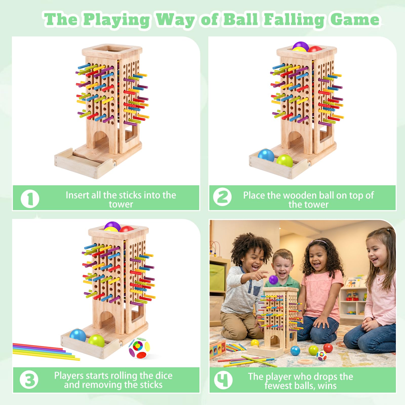 Giochi Montessori per Bambini 3-6 Anni, Gioco da Tavolo in Legno con 40 Bastoncini Colorati, Dado & Box di Legno, Fine Motor Game, Regalo Bambina Bambino 3-9 Anni