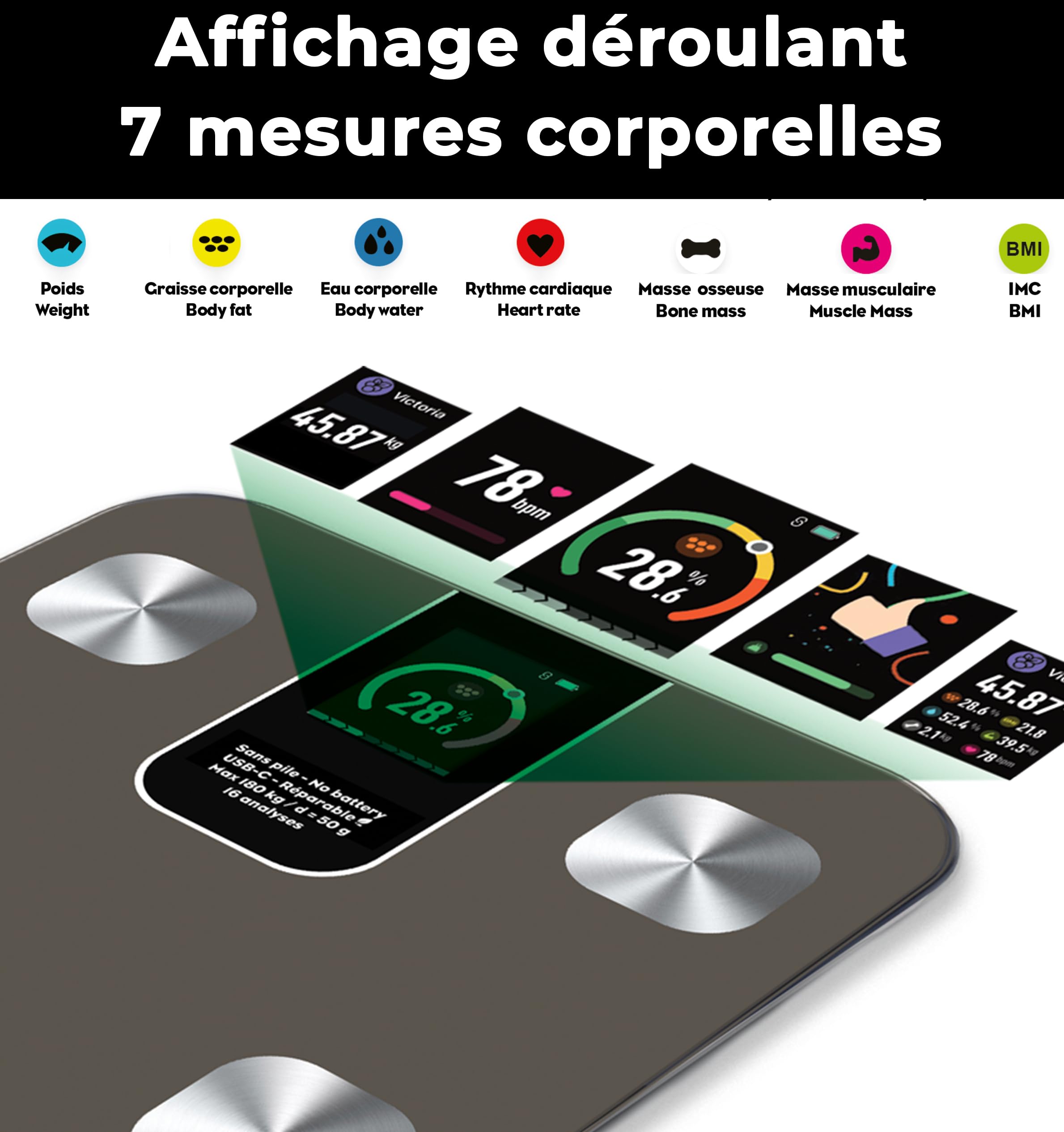 LITTLE BALANCE 8837 IC-X4-TFT, Pèse Personne, Ecran XXL couleur, Balance Impédancemètre Connecté, Pèse-personne Intelligent avec application, Sans Pile USB-C, 4 électrodes, 22 mesures, 180 kg/50 g