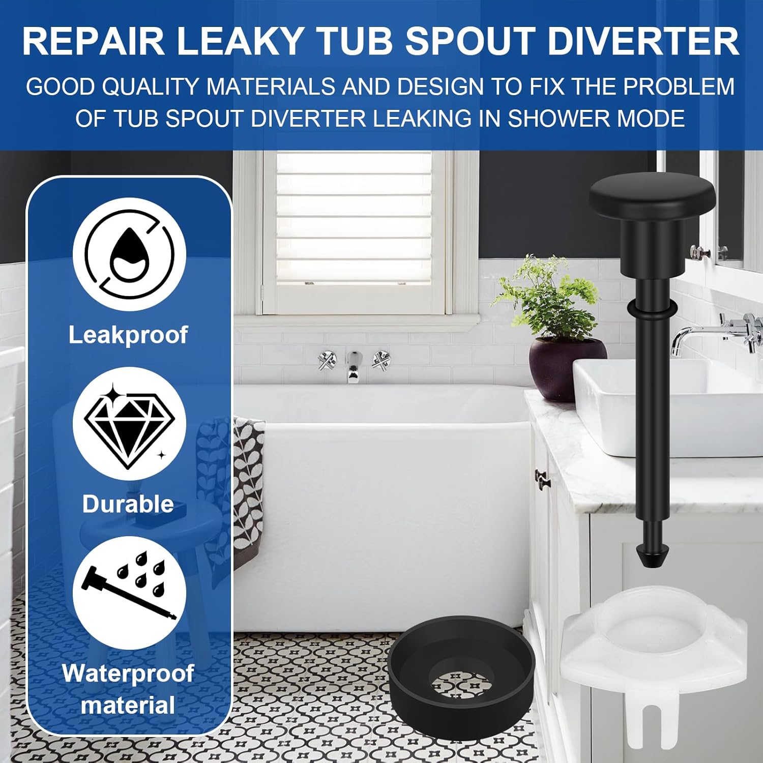 2 Set Universal Tub Spout Diverter Repair Kit, Bathroom Shower Bathtub Leaky Faucet Repair Replacement Parts, Includes 2*Diverter Valve Stems, 2*Gates and 2*Cup Seals (Matte Black)