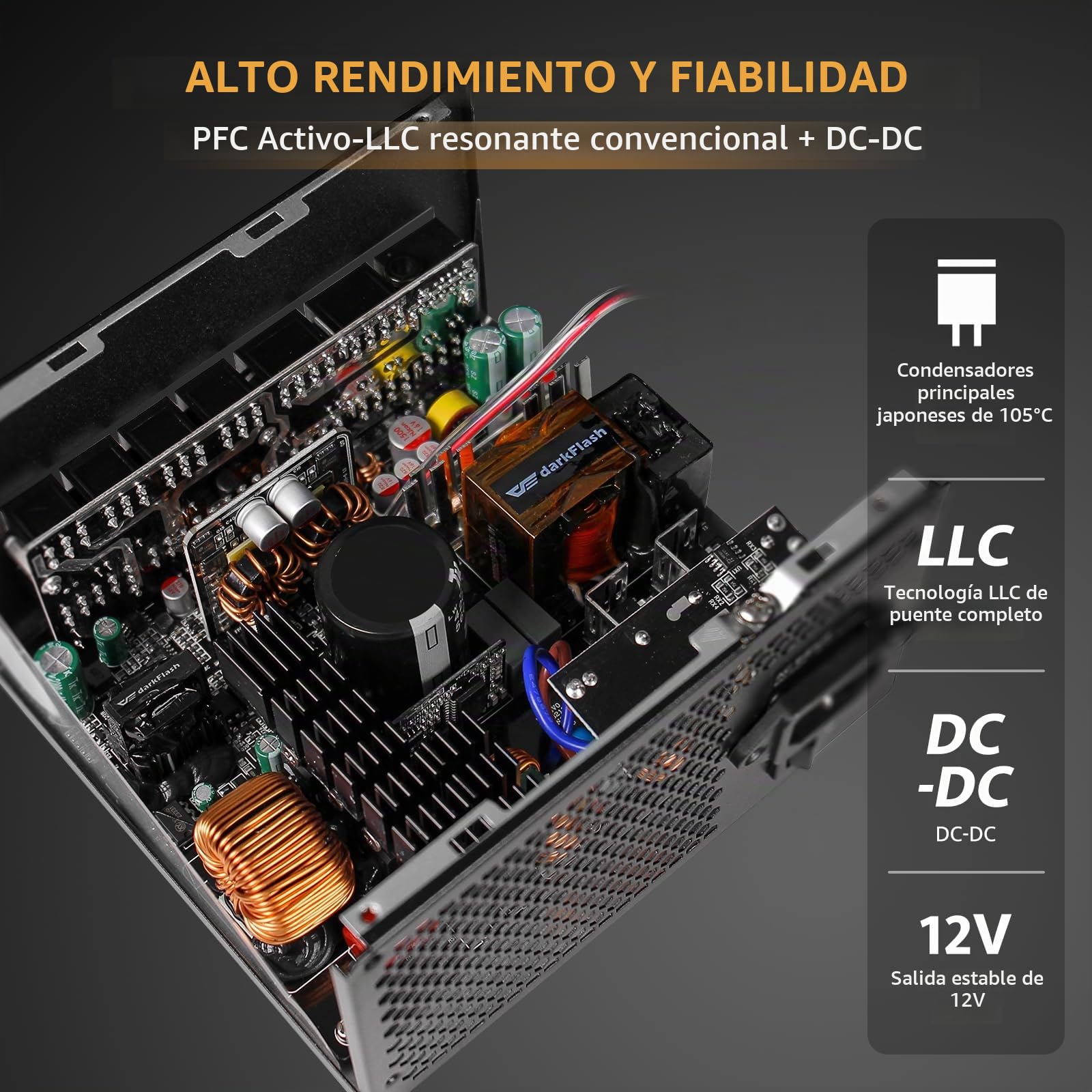 darkFlash PMT750 - Fuente de alimentación Totalmente Modular ATX 3.1 y PCIe 5.1, Cable de 12VHPWR Incluido, condensadores 100% japoneses de 105 °C, Fuente de alimentación 80 Plus Gold para Juegos