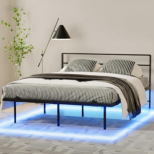 Queen Bed Frame with Headboard, 14 Inch Floating Bed with Smart LED Lights and USB Charging Station, Easy Assembly, No Box Spring Needed