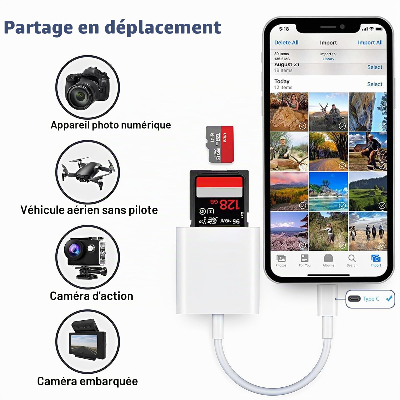 Lecteur Carte SD USB C, Adaptateur SD/TF pour iPhone 16 15 Pro Max, MacBook, iPad, Samsung Galaxy S24 S23