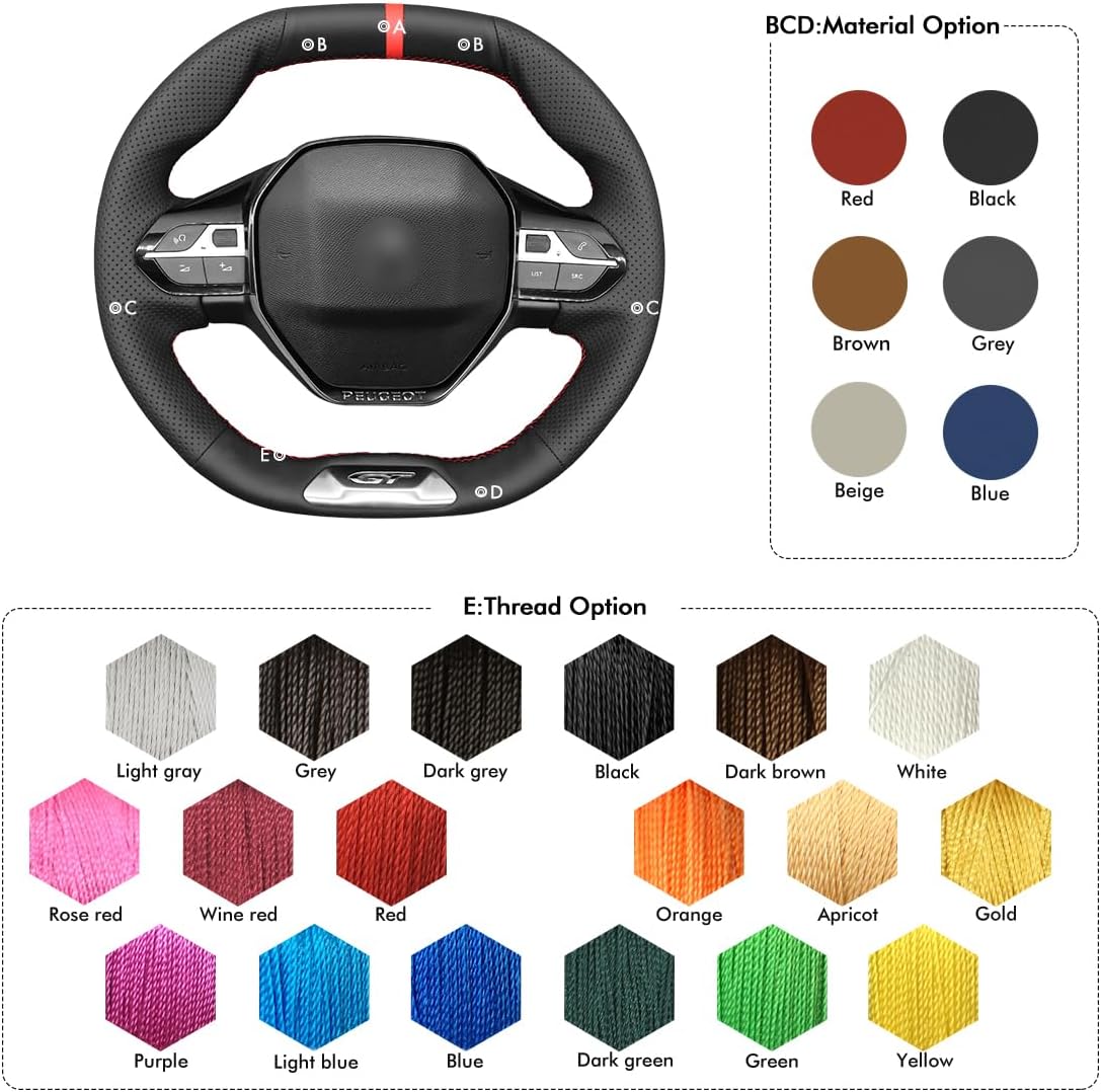 MEWANT Car Steering Wheel Covers for Peugeot 208 (GT/GT Line)/308 (GT)/308 SW (GT)/2008/3008/508/508 SW/5008 Rifter (GT/GT Line) Hand-Stitched Car Steering Wrap