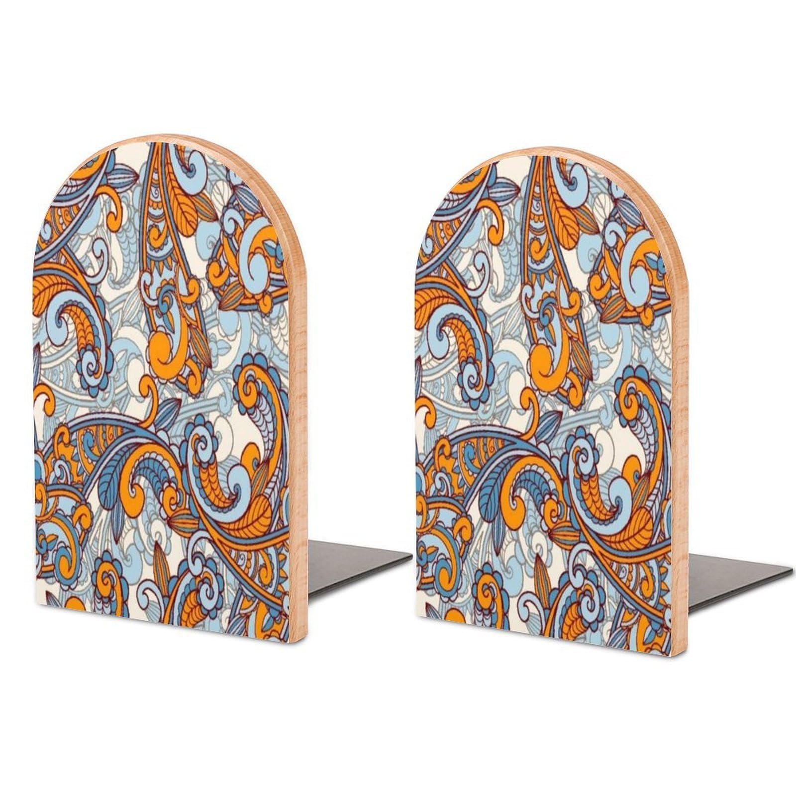 Rasterized Seamless Paisley Pattern Beech Wood Bookends Heavy Duty Book Organizers Desktop File Holder for Office Home Bookshelf