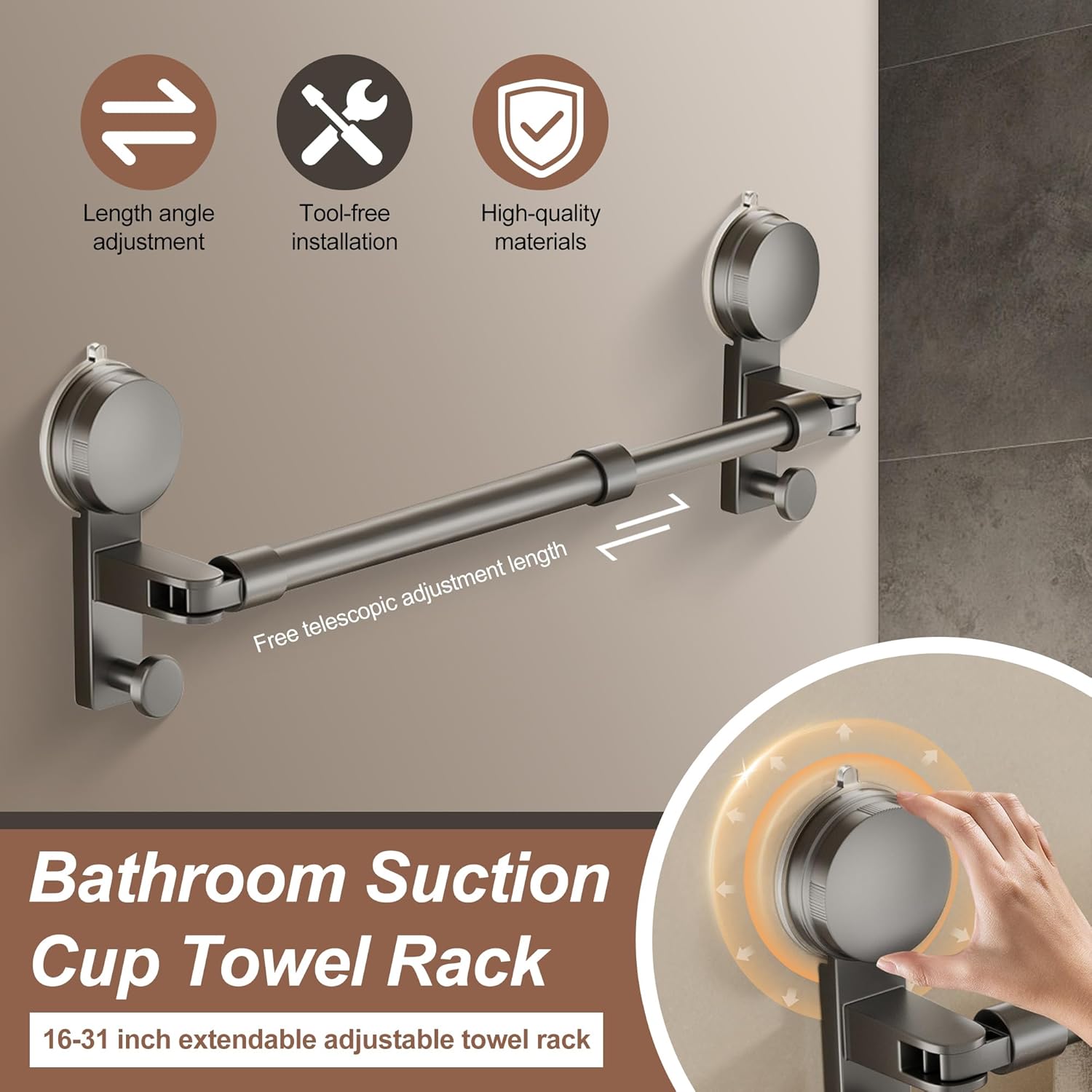 No-Drill Towel Rack with Strong Suction 16-31 Inch Adjustable and scalable Shower Organizer for Glass Door, Wall & Corner Holds Bath Towels & Slippers.(16-31 Inch)