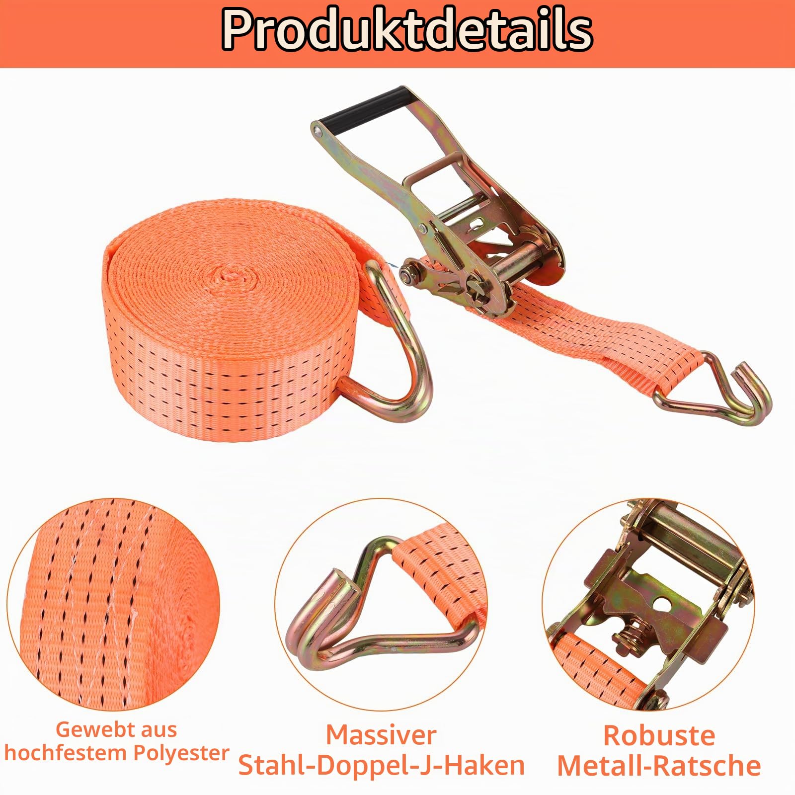 4 Stück Spanngurt 3000 kg Mit Ratsche und Haken, 50mm x 6m, Zurrgurt Orange für Anhänger, Motorrad, Auto, Waren