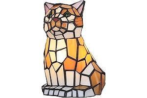 Small Tiffany Lamp Stained Glass Animal Table Lamp Mini Accent Desk Light (Amber White Cat)
