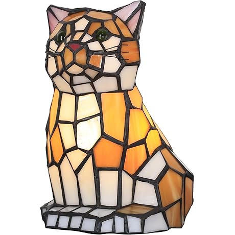 Small Tiffany Lamp Stained Glass Animal Table Lamp Mini Accent Desk Light (Amber White Cat)
