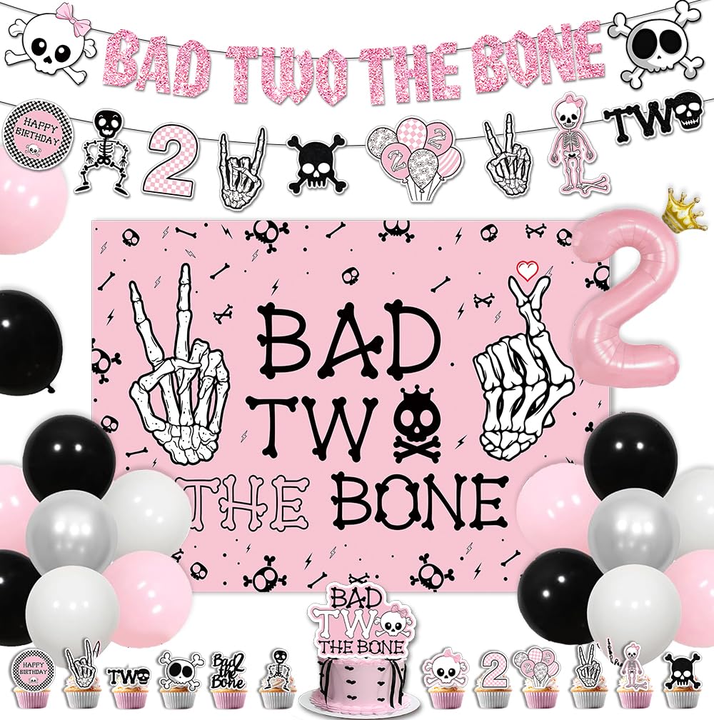 Pink Bad Two the Bone Birthday Party Supplies,Rock And Roll Party Decoration with Backdrop,Birthday Banners,Balloons,Cake Toppers,Cupcake Toppers