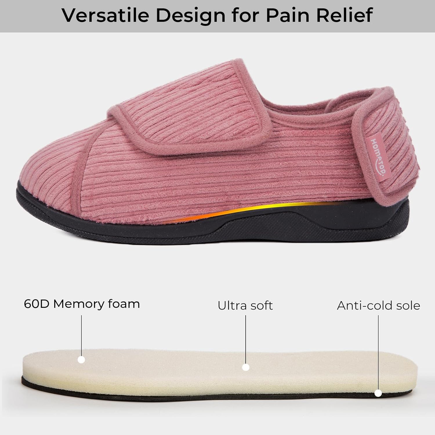 HomeTop Women's Corduroy Slippers Comfy Adjustable Hook and Loop Memory Foam Indoor Closed-back House Shoes for Diabetic Swollen Feet - Image 3
