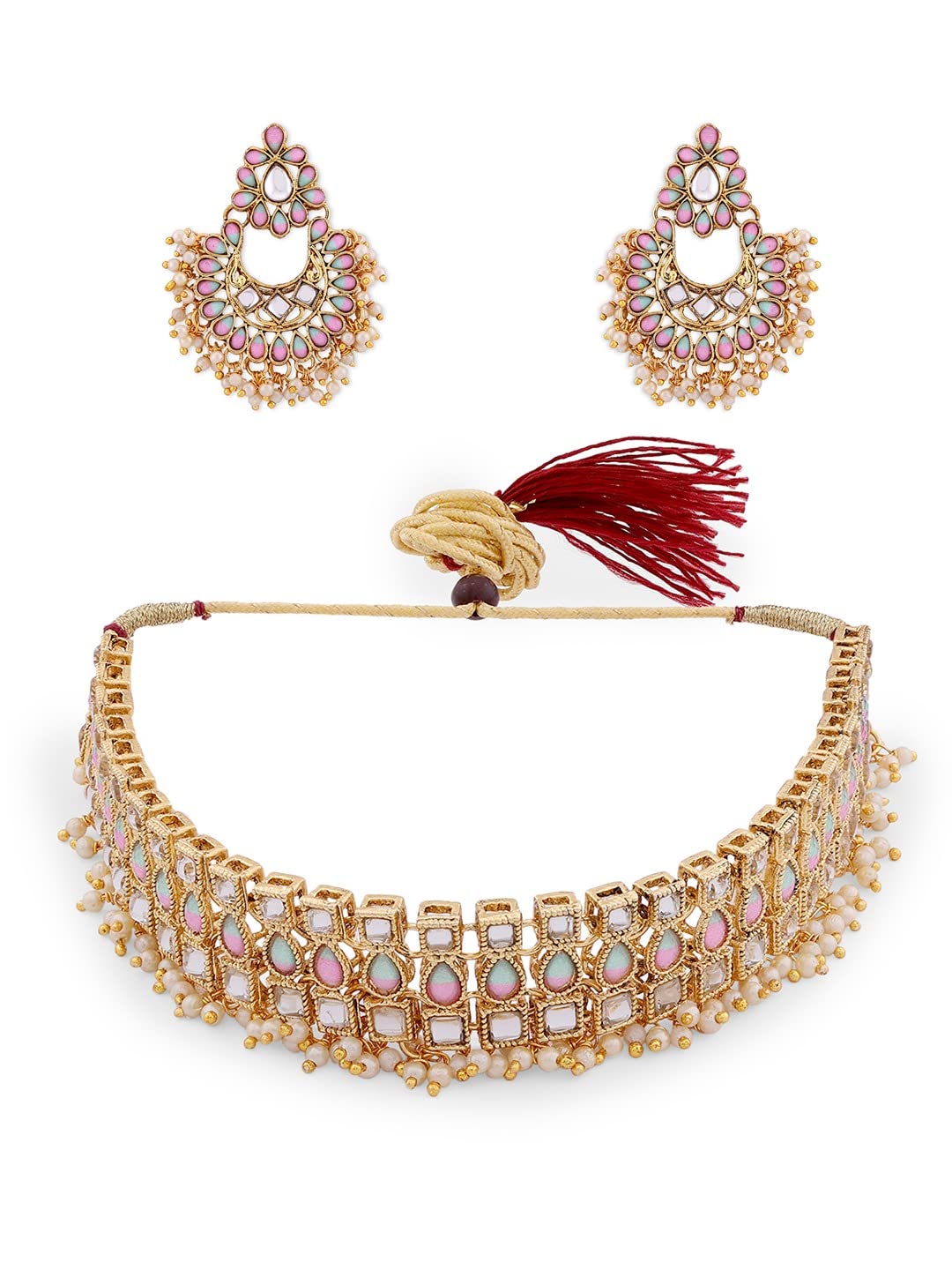 ZAVERI PEARLS Pink & Green Stones Studded Traditional Necklace & Earring Set For Women-ZPFK13799 (B0B1JJ54QL) Amazon Price History, Amazon Price Tracker