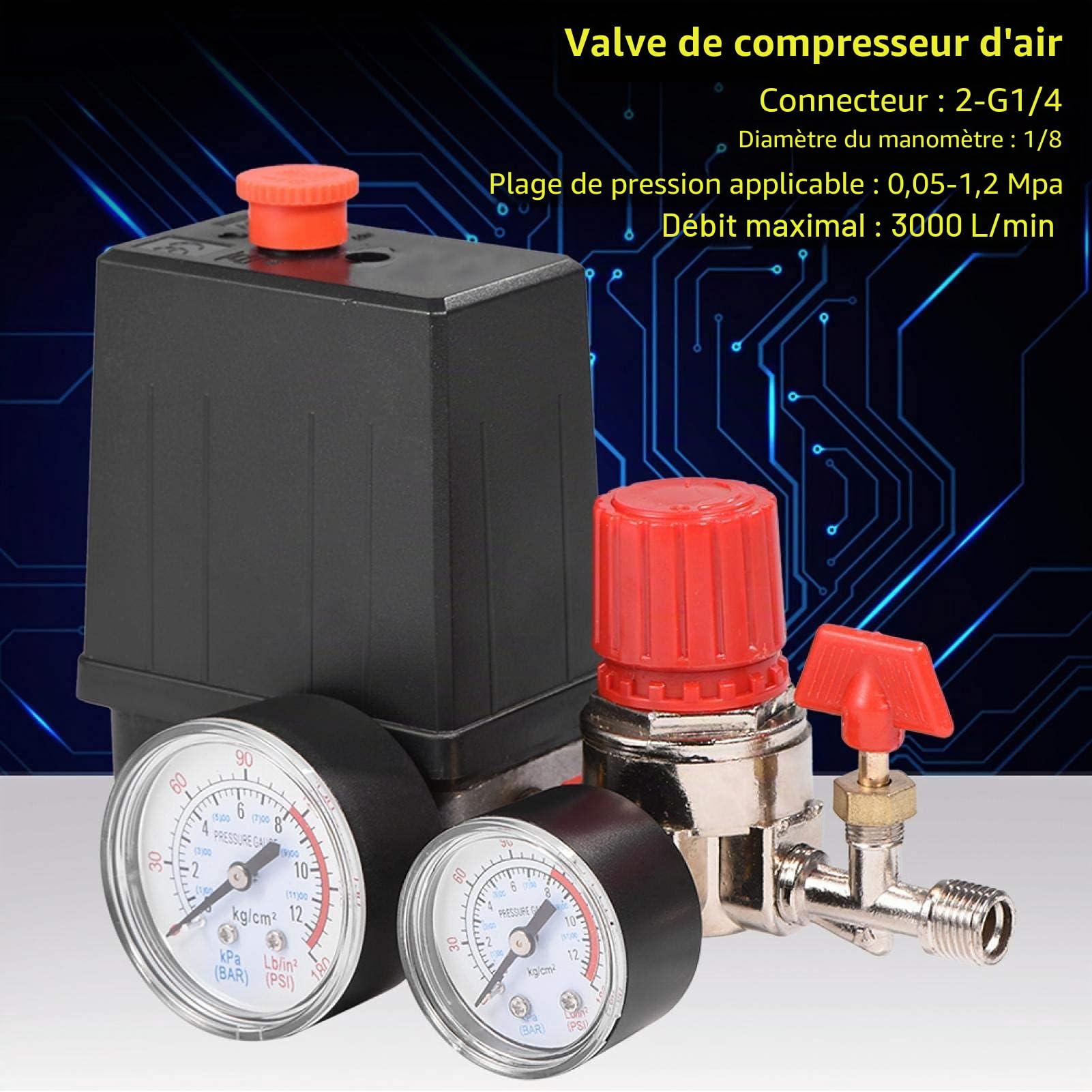 Compresseur d'air 12 bar, Pressostat Compresseur d'air, pour régulateur de soupape de commande de commutateur, 0.05-1.2Mpa, 3000L/min, Connector: 2-G1/4, Gauge diameter: G1/8 240V, 30-180 PSI