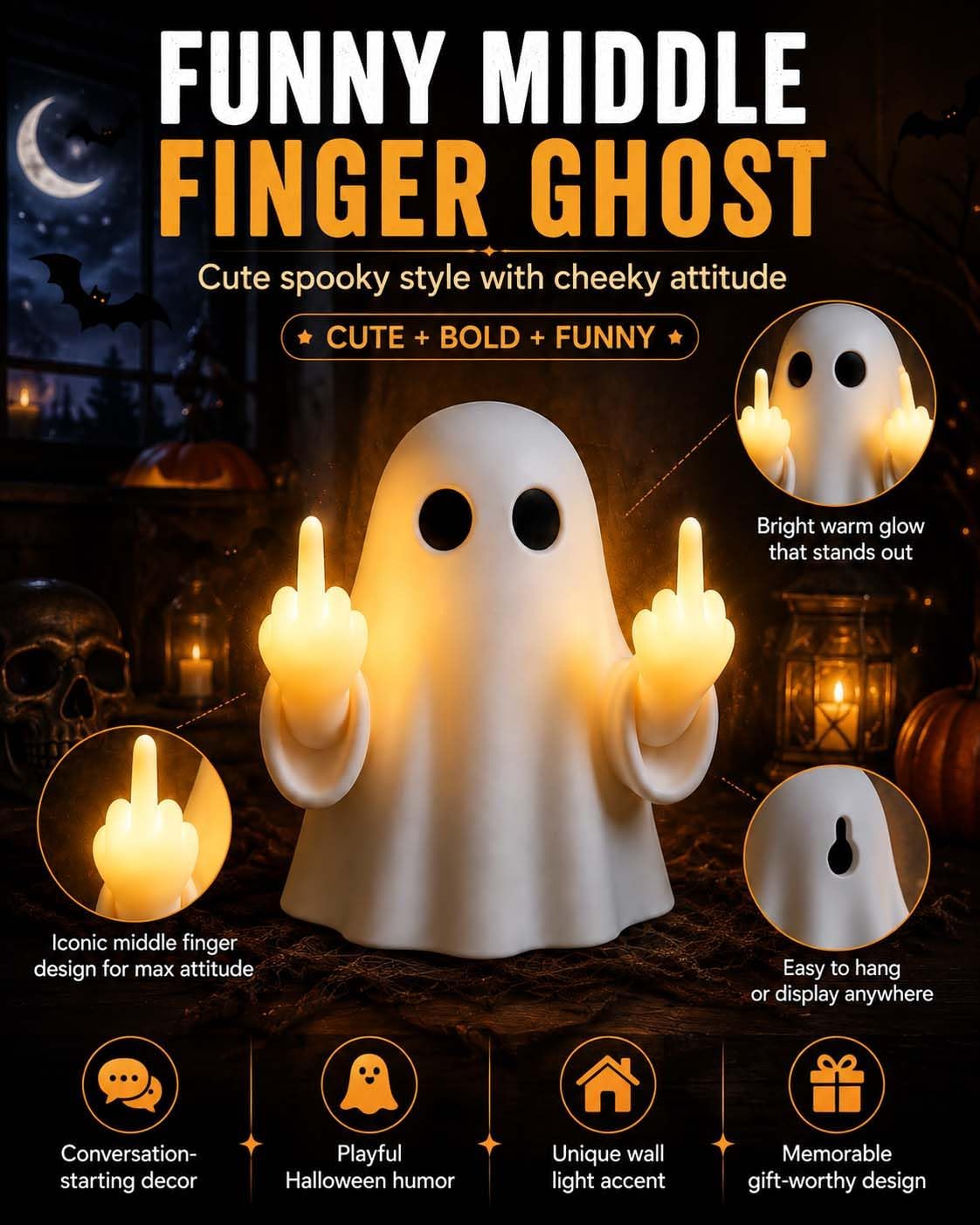 Leuchtender Geist mit Mittelfinger, Nachtlicht Halloween Geisterlampe, 3D Mittelfinger Niedliches Geister, Lustige Wandlampe Deko für Zuhause, Schlafzimmer, Streich Geschenke (2PCS)