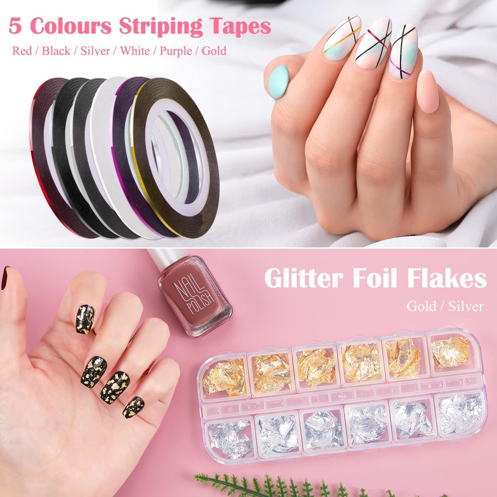 Kiiwah Kit de 31 Pièces Nail Art Design, 15 Pinceau à Ongles, 5 Dotting Pens, 2 Boîtes Ongles Strass, 10 Striping Tape et Feuille de Or & Argent pour Manucure Professionnel Femmes