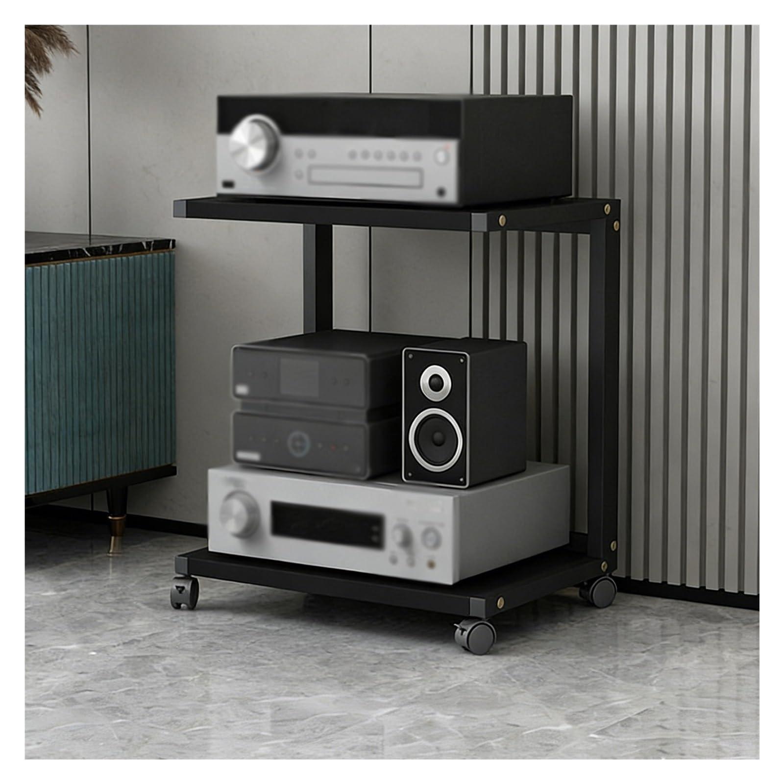 Meuble audio-vidéo à 2 niveaux noir sur roulettes pour salon hifi