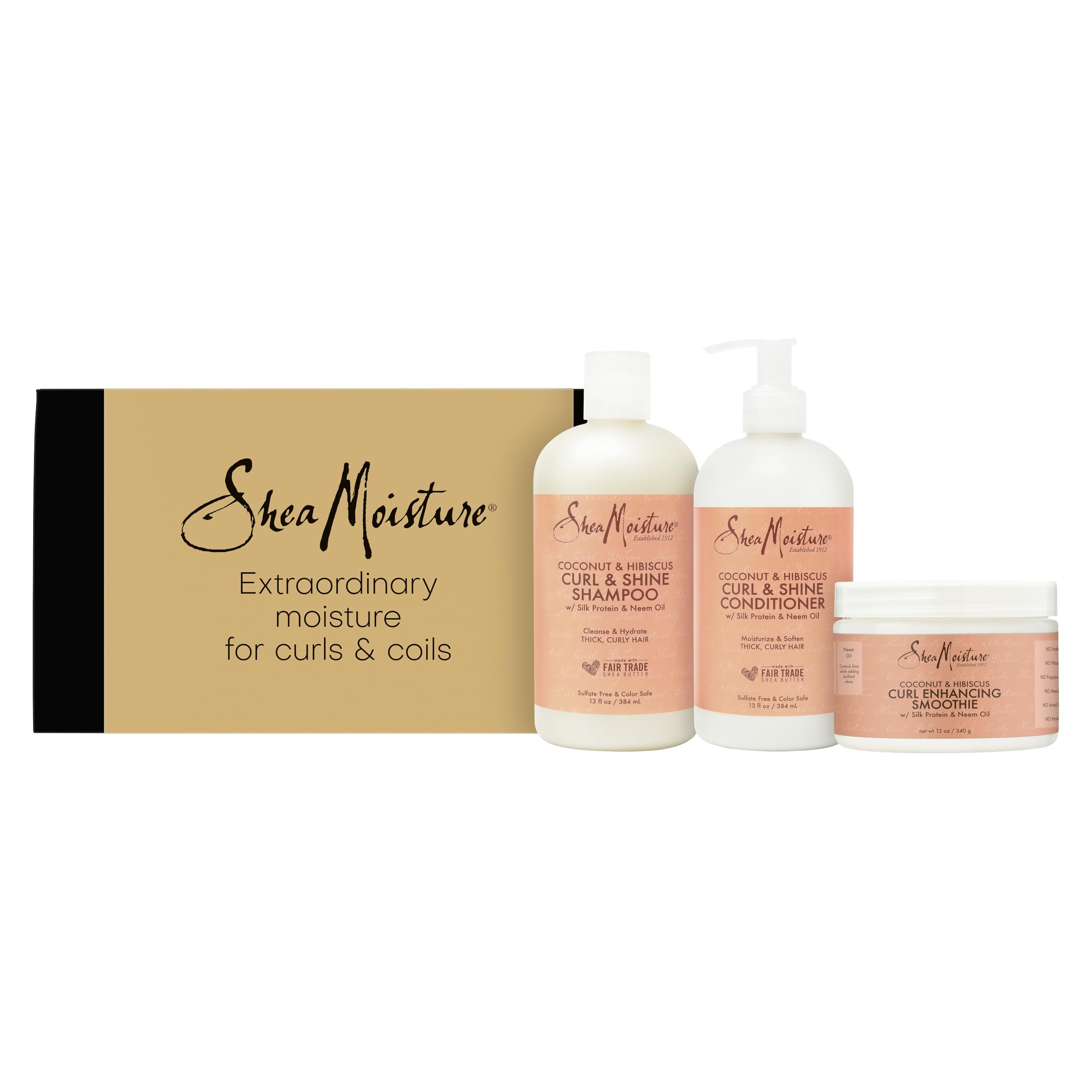 SheaMoisture Cofanetto Regalo Curl & Shine, Con Shampoo, Balsamo e Crema Leave-In, Per Capelli Ricci e Afro, Idratazione ed Effetto Anti-Crespo, Con Olio di Cocco e Ibisco, 384ml + 384ml + 326ml