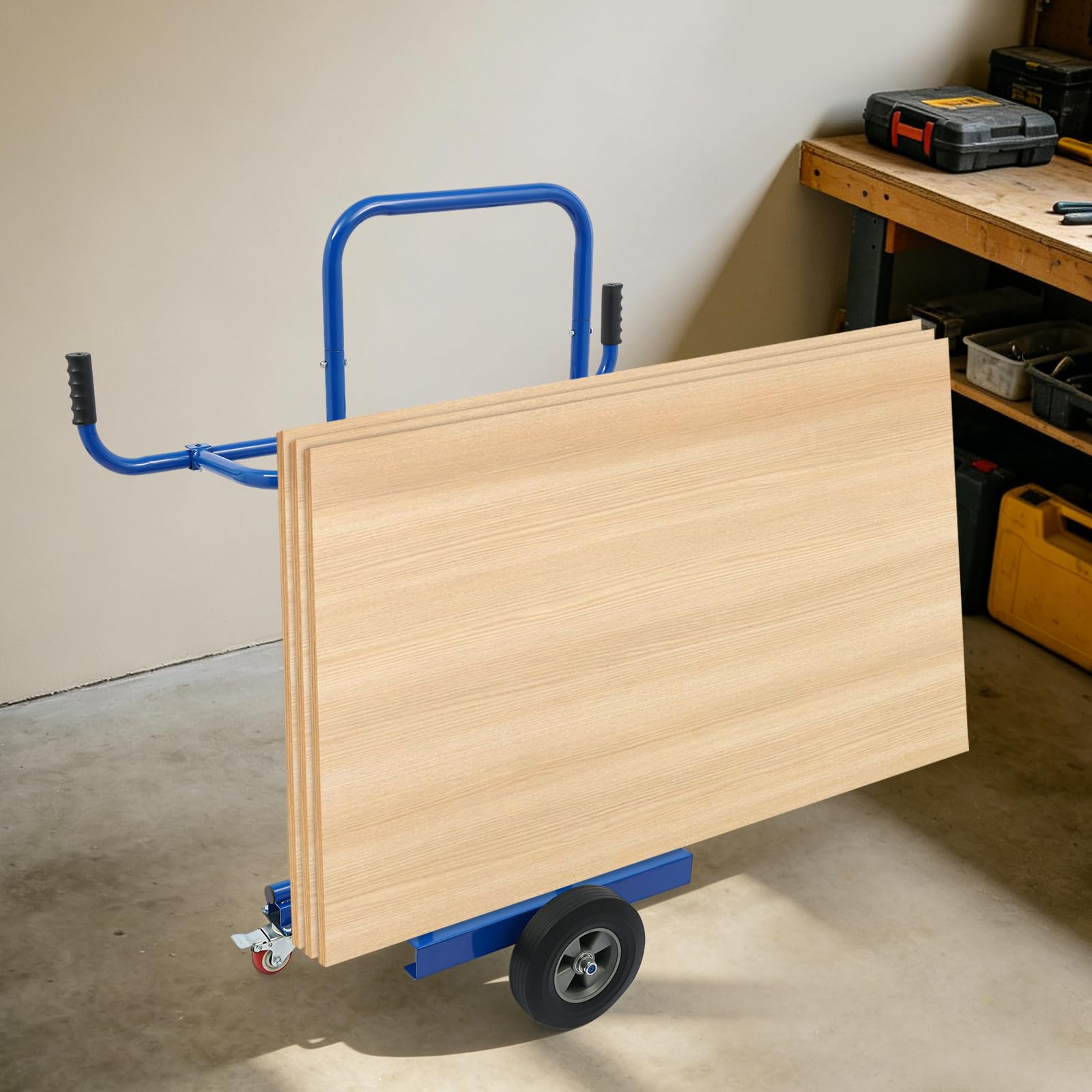 Carro de placas, hasta 300 kg, con 2 ruedas de goma y 2 ruedas de acero con freno, protección antivuelco, para placas de acero Q235, para yeso, madera y ventanas, color azul
