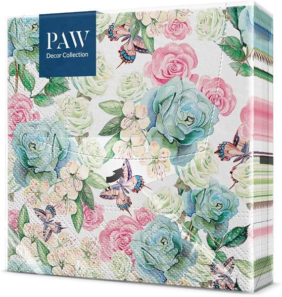 PAW - Servilletas Papel 3 Capas (33 x 33 cm) I 20 Unidades I Diseño de Naturaleza I Servilletas Papel Decoradas para Cumpleaños, Fiesta, Decoupage I Color: Powder Garden - 1