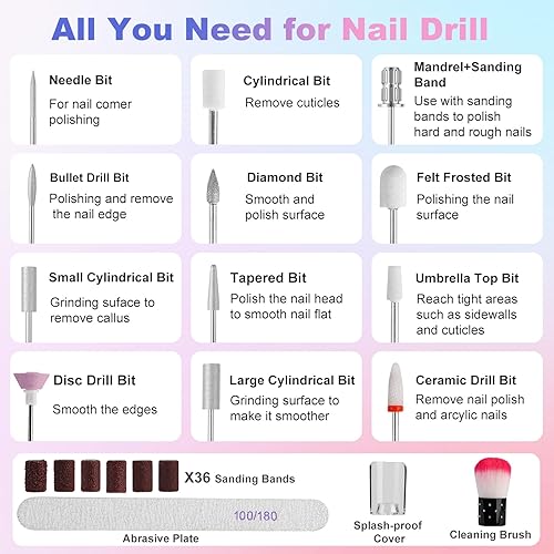 Miniatura 7 de Taladro de uñas eléctrico inalámbrico con lámpara de luz UV, lima de uñas eléctrica 14 en 1, pantalla LCD de 5 velocidades, kit de manicura y