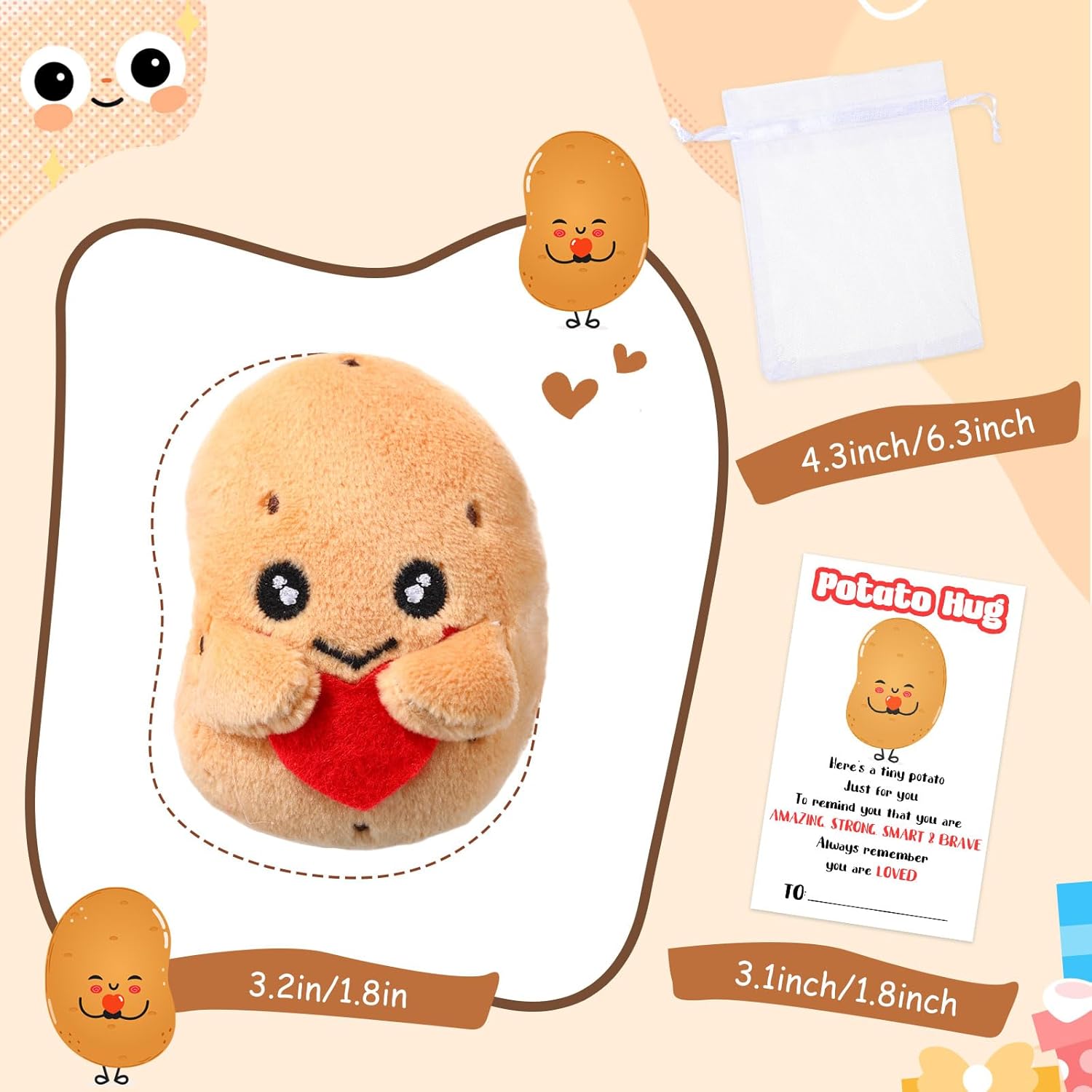 HyDren 20 Sets Inspirational Potato Gift Bulk Plush Potato with Funny Card Organza Bag Employee Emotional Medical Assistant Appreciation Gifts for Custodian Pharmacist Coworkers Team Gifts