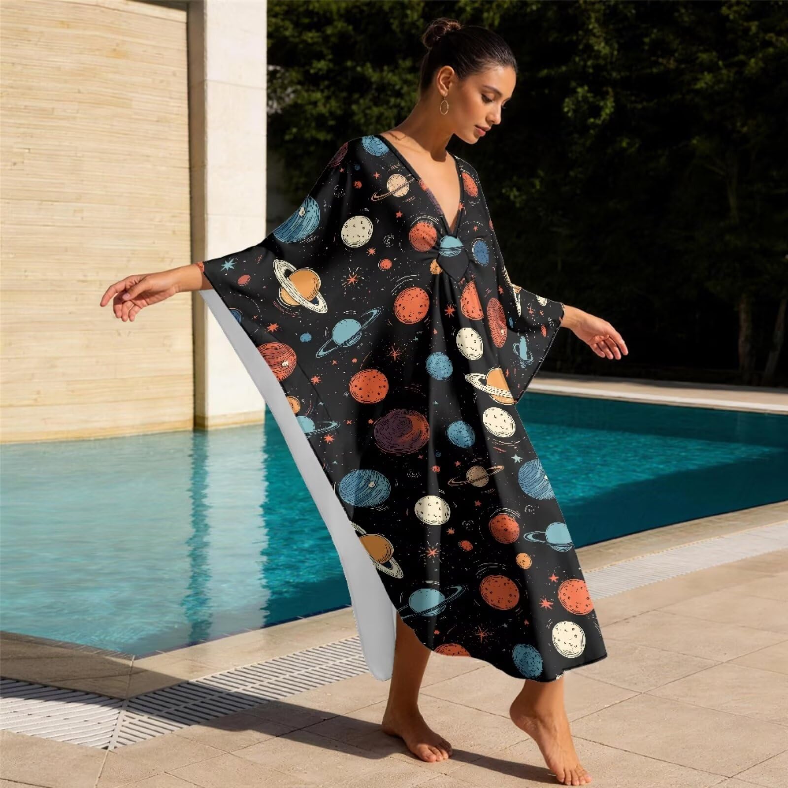 Poceacles Damska sukienka plażowa z dekoltem w serek z nadrukiem kaftan letnia jesienna sukienka maxi boho wakacje bikini strój kąpielowy okrycie
