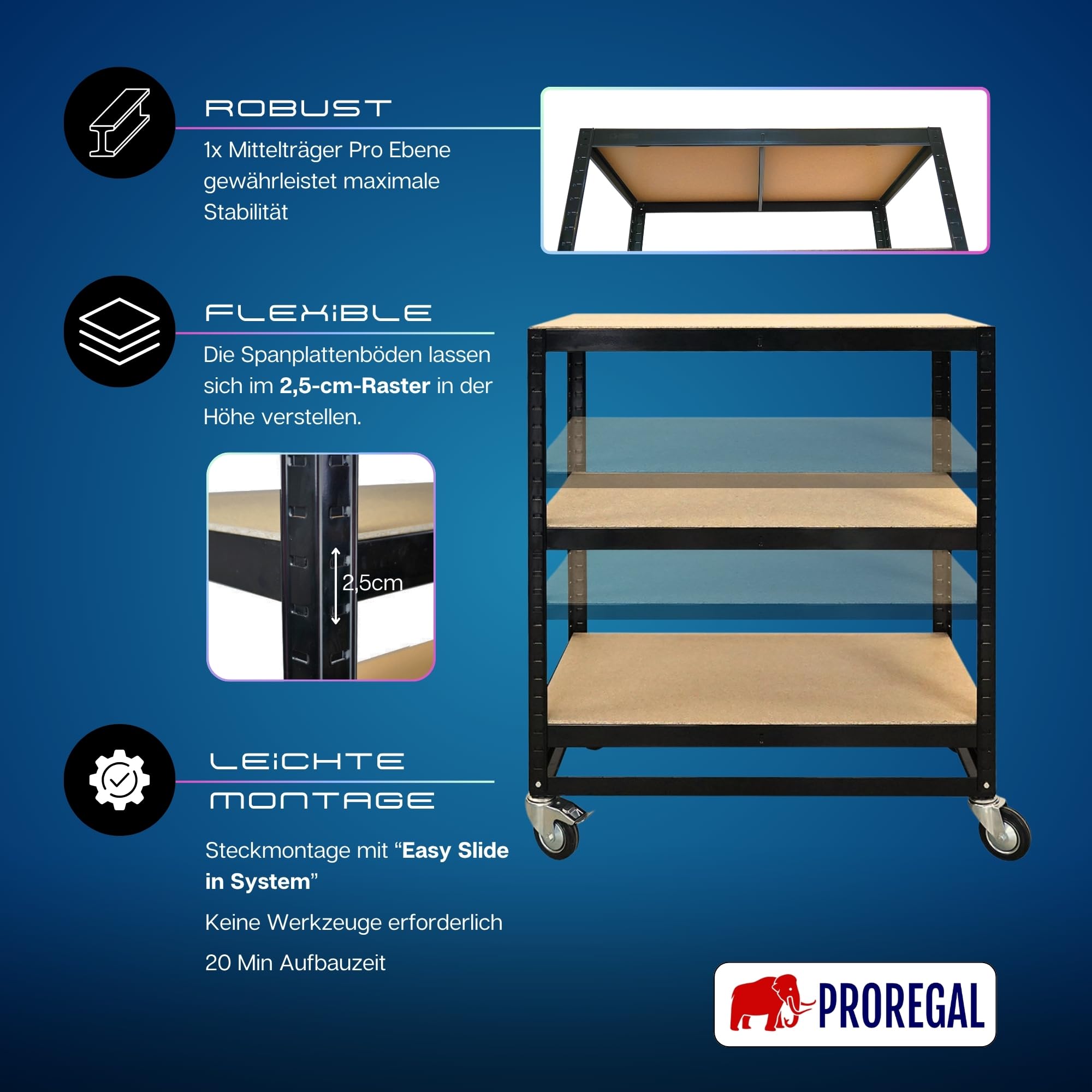 PROREGAL Kommissionierwagen BÜFFEL Fahrbares Kommissionierregal, 100x90x50cm, 3 Ebenen, Fachlast 50kg, 4 Lenkrollen, Davon 2 mit Feststellbremse, Schwarz, Regal auf Rollen, Regalwagen