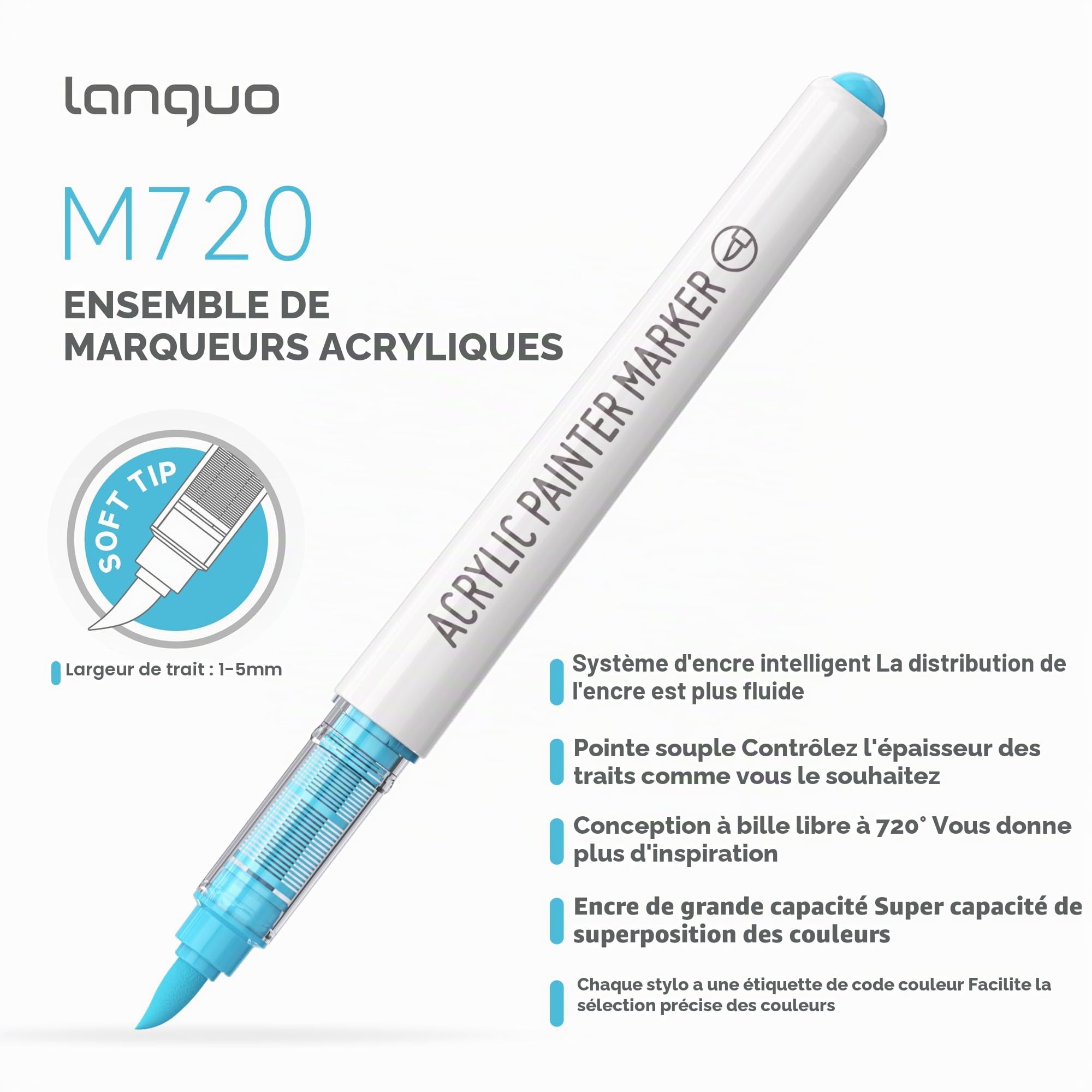 languo 60 Couleurs Marqueurs Acryliques Pointe Pinceau Souple, Encre Sans Bavure, Pour Pierre, Bois, œuf, Céramique, Tissu, DIY et Loisirs Créatifs