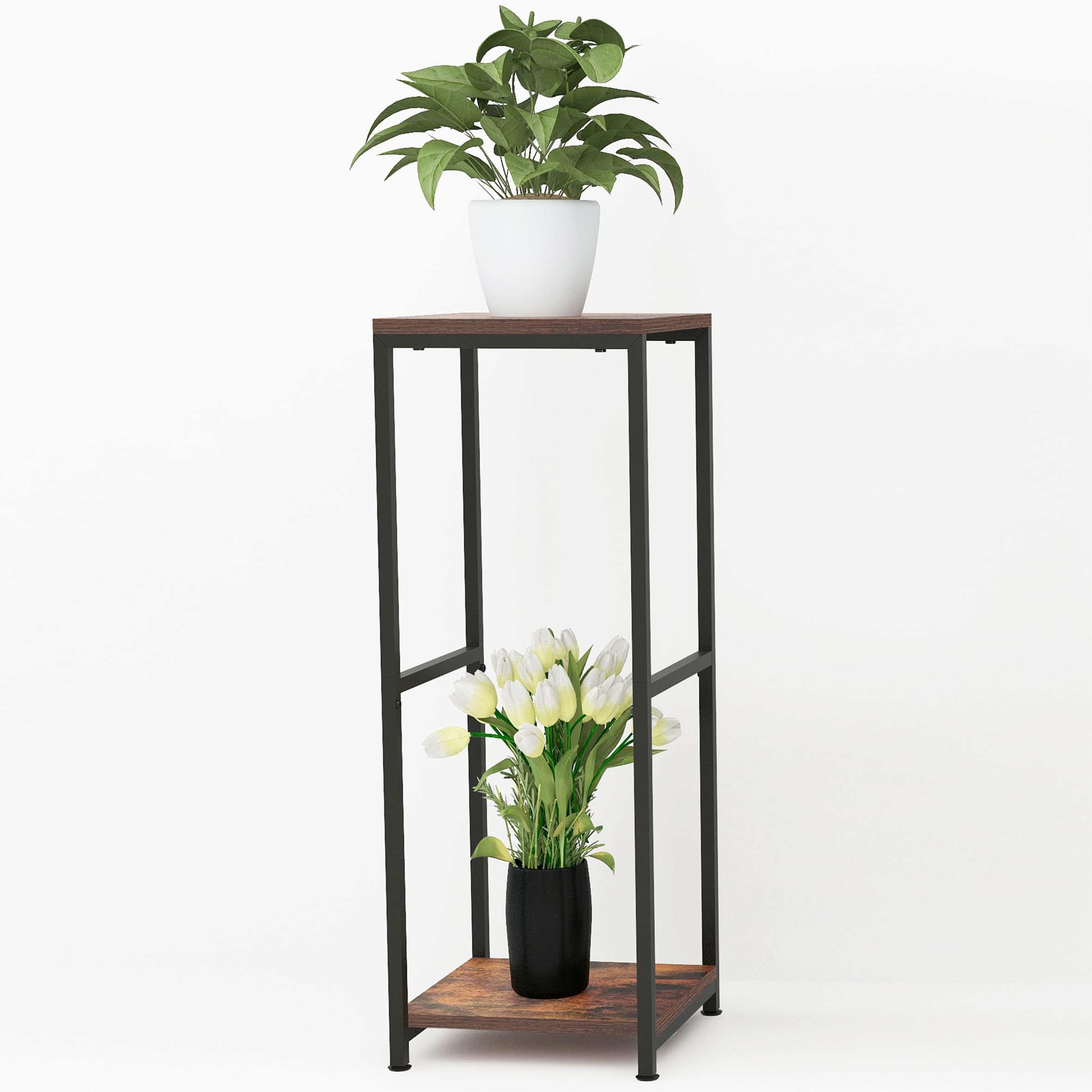 CASIMR Plant Stand for Indoor, Tall Metal Shelf with Square Wooden Board, 2 Tier Display Rack for Multiple Plants, 32 Inch Tiered Flower Pot Holder for Corner Living Room Balcony Garden Patio