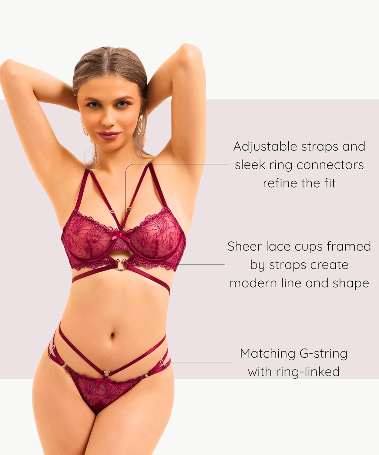 SECRET TALKS Valentina Scarlet Red Sheer Lace Underwire Bra & Thong Set, Adjustable Straps (S-XXL)