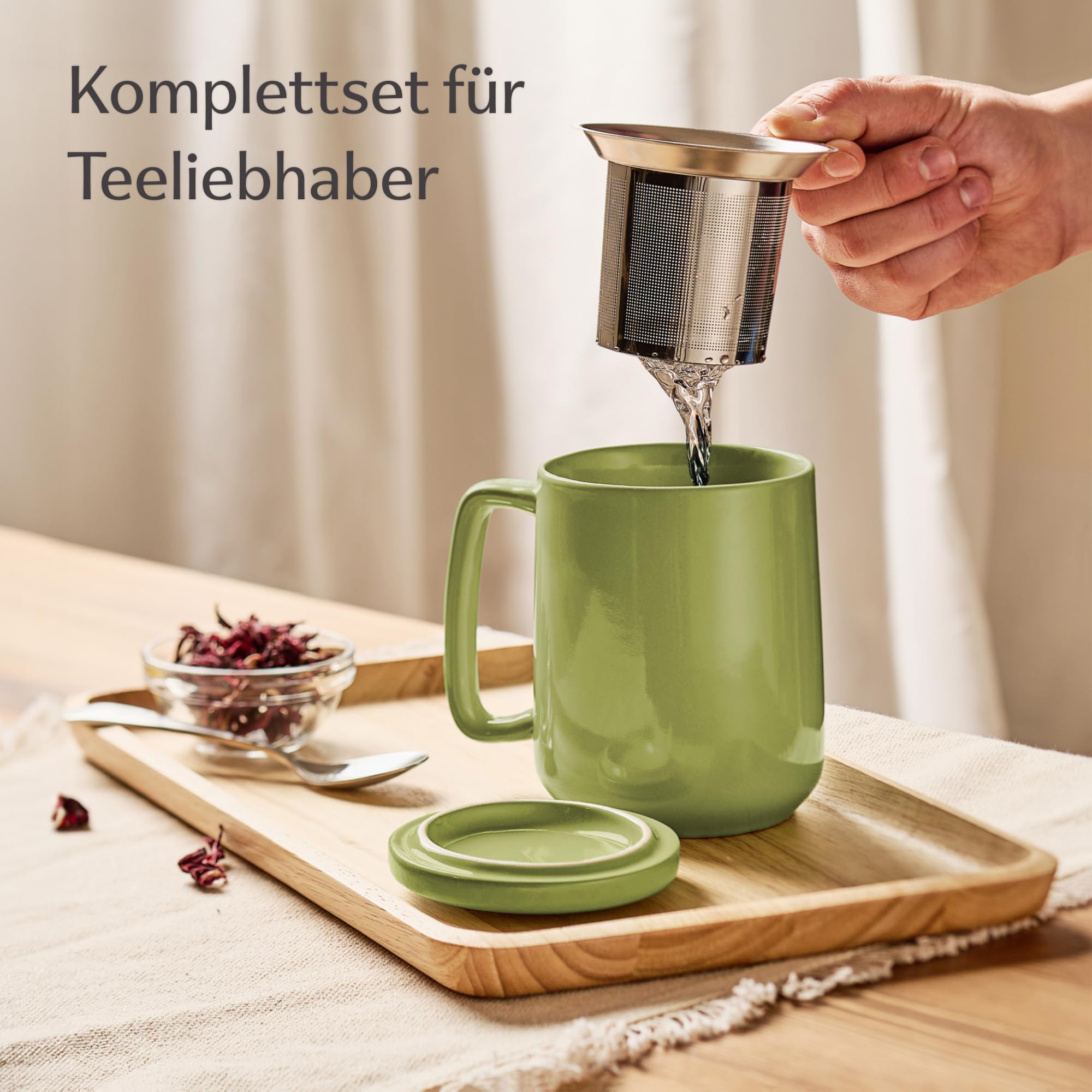 Teetasse mit Sieb und Deckel - Keramik - Hält Lange warm - 500ml XXL Groß - Spülmaschinenfest (Matcha Grün)