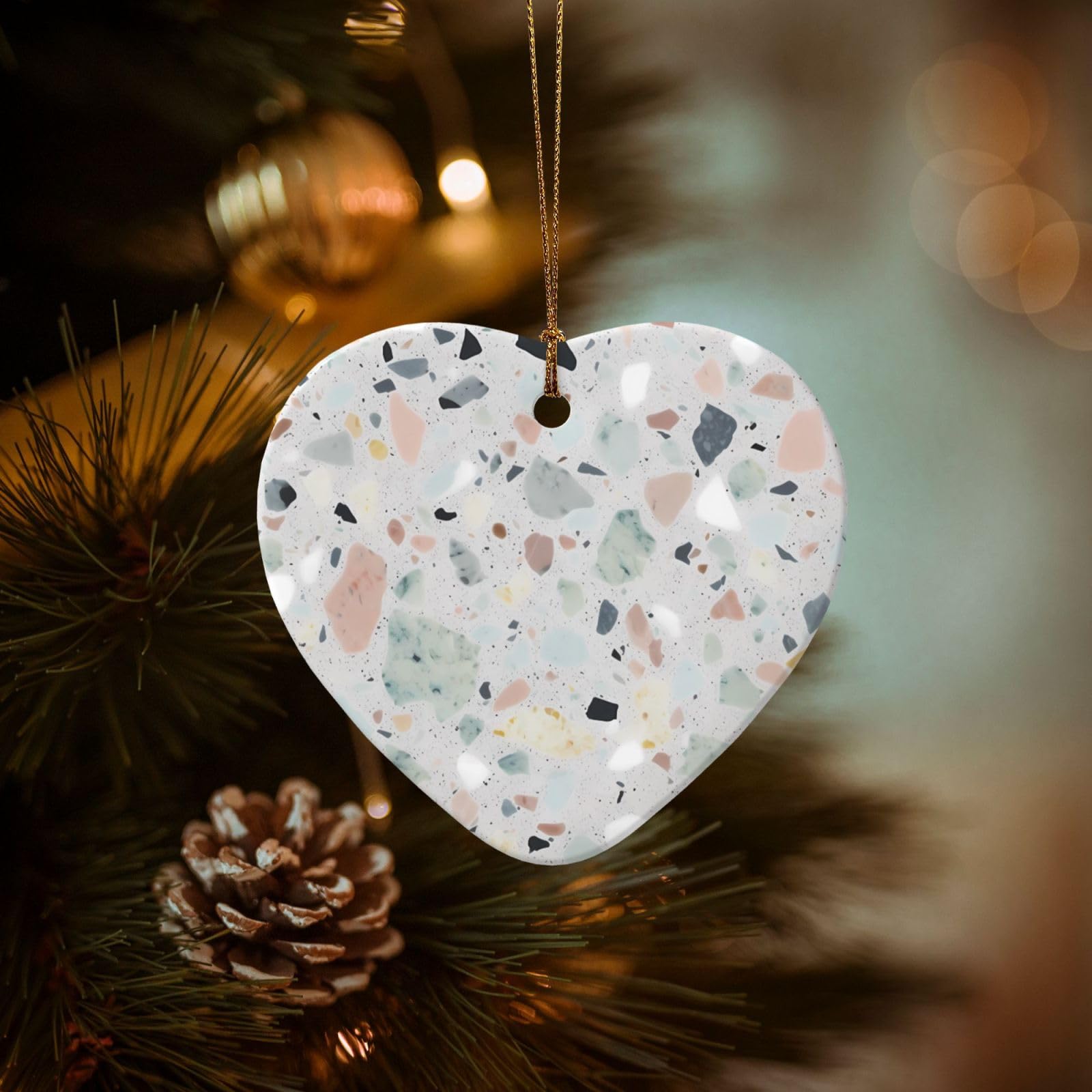 Christmas Ornaments for Christmas Tree Decoration Hanging Terrazzo Marble Pastel Ornament with Gold Ribbon Crafts Heart Shape Ceramic Pendant for Keepsake Gifts Xmas Decor Party Supplies
