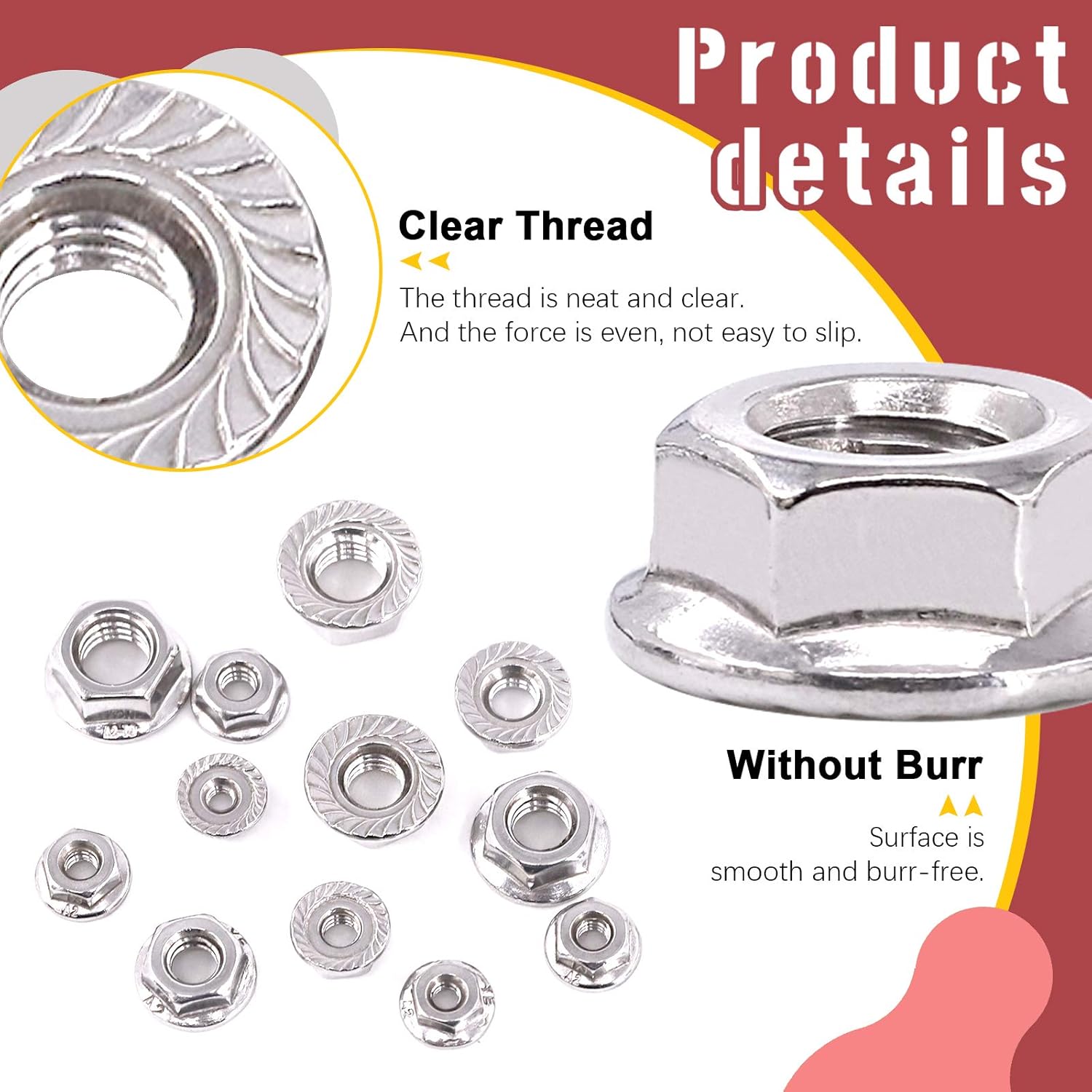 Hilitchi 100Pcs 304 Stainless Steel Serrated Flange SAE Hex Lock Nuts 1/4-20 5/16-18 3/8-16 10-24 8-32 6-32 Bright Finish Hex Flange Nuts Assortment Kit (Pack of 2)