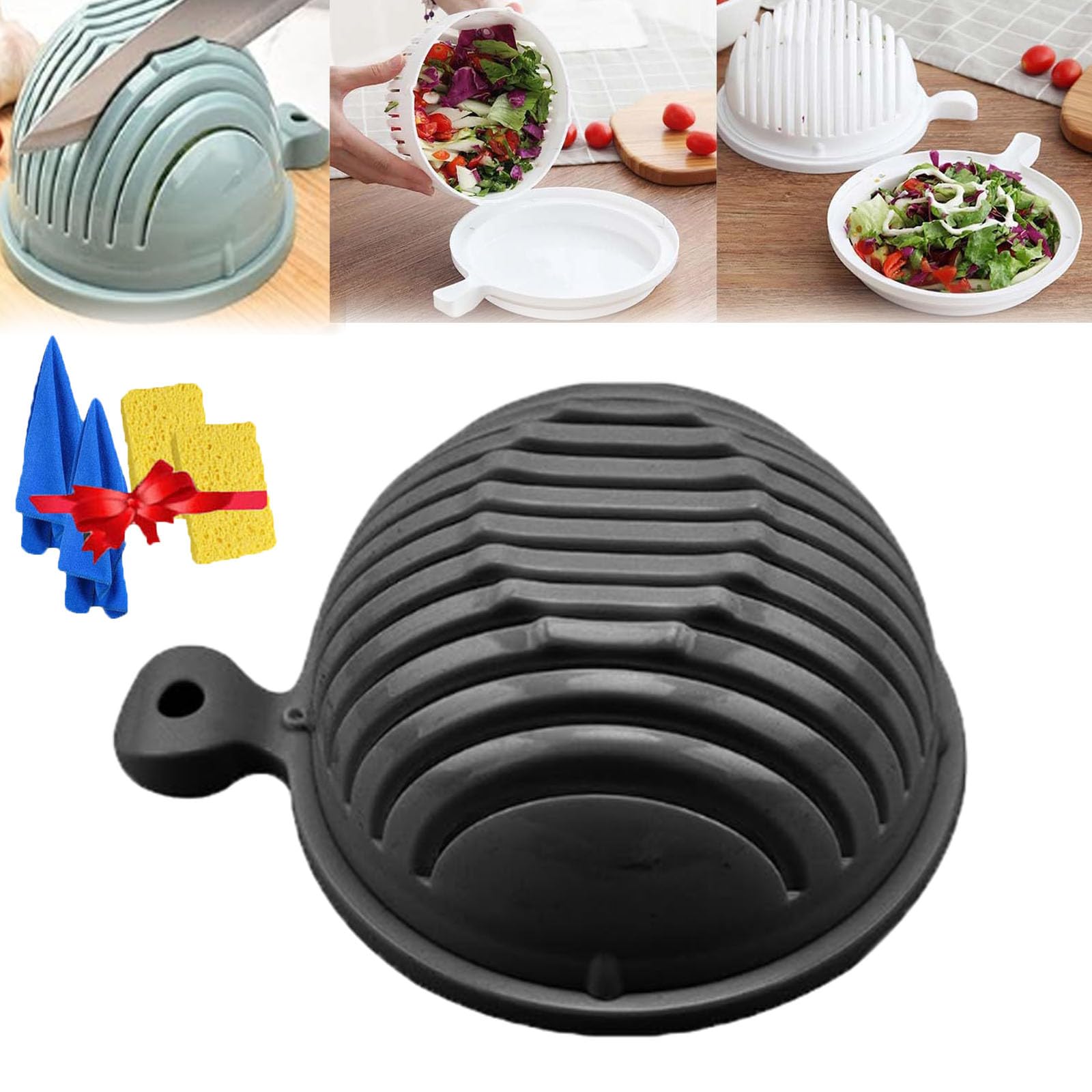 symaod Fruit And Vegetable Cutter Bowl,Salad Cutter Bowl,Multi-Functional Salad Making Bowl,Salad Chopper Bowl And Cutter With Lid,For Chopping Vegetables, Slicing Salads And Fruits (Black)