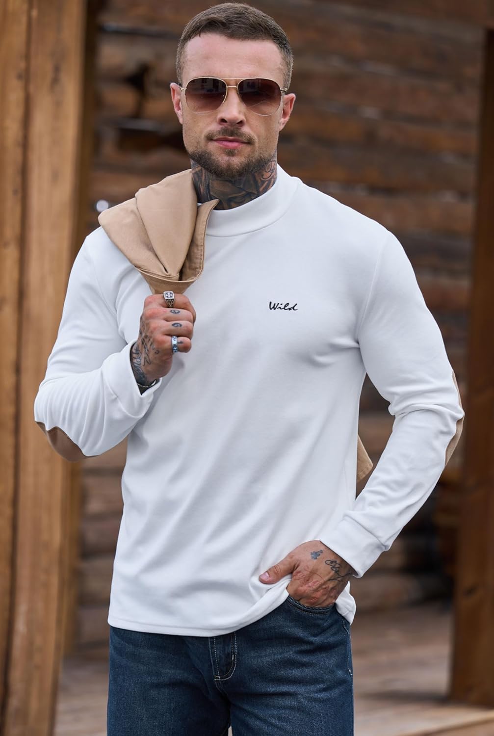 Mens Mock Turtleneck Shirt Thermal Fleece Casual Long Sleeve Base Layer with Elbow Patches (S-XXL) - Image 4