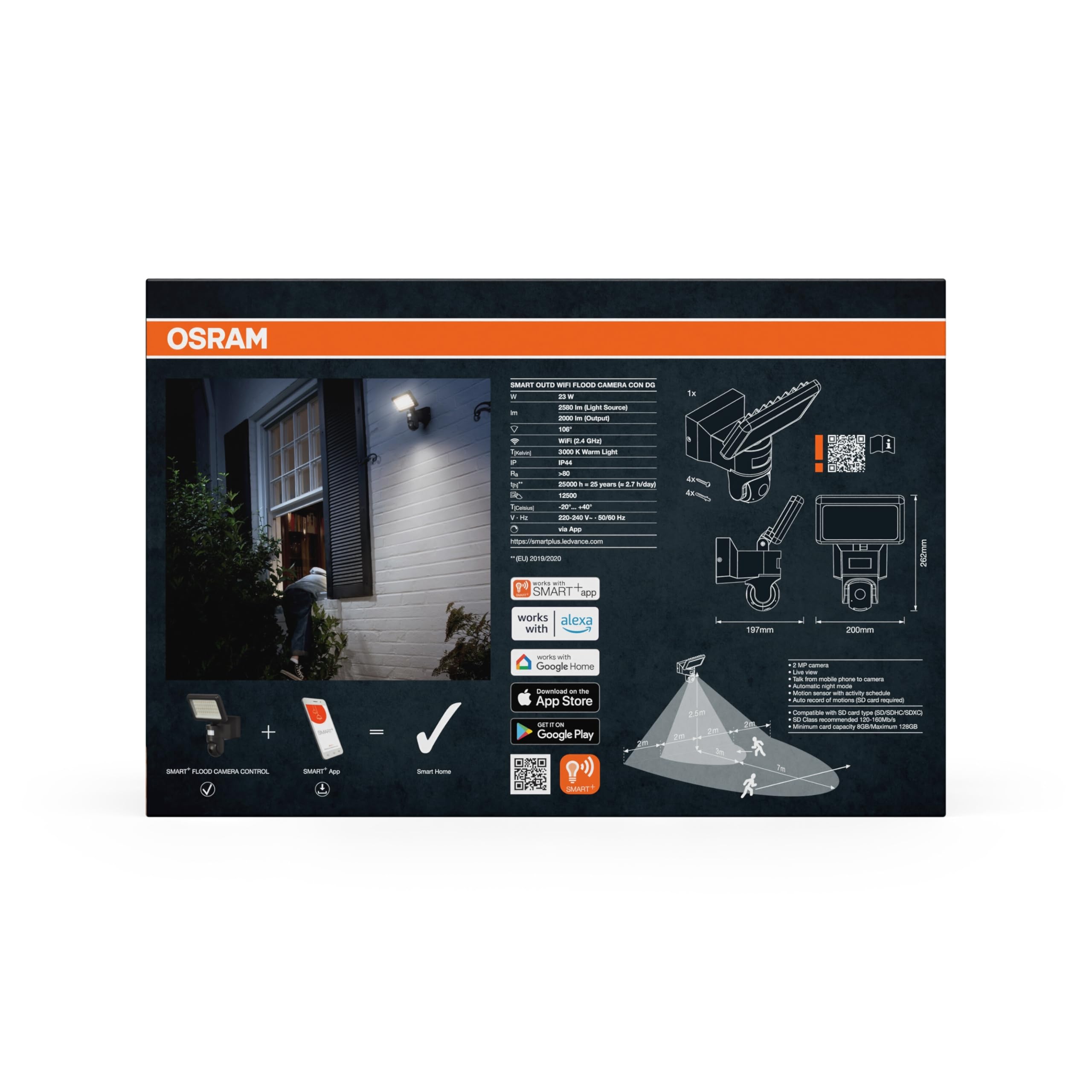 OSRAM Reflektor SMART+ WiFi z kamerą HD, ciepłe białe światło (3000 K), reflektor z czujnikiem ruchu i światła dziennego, 2000 lumenów, ściemnialny, IP44