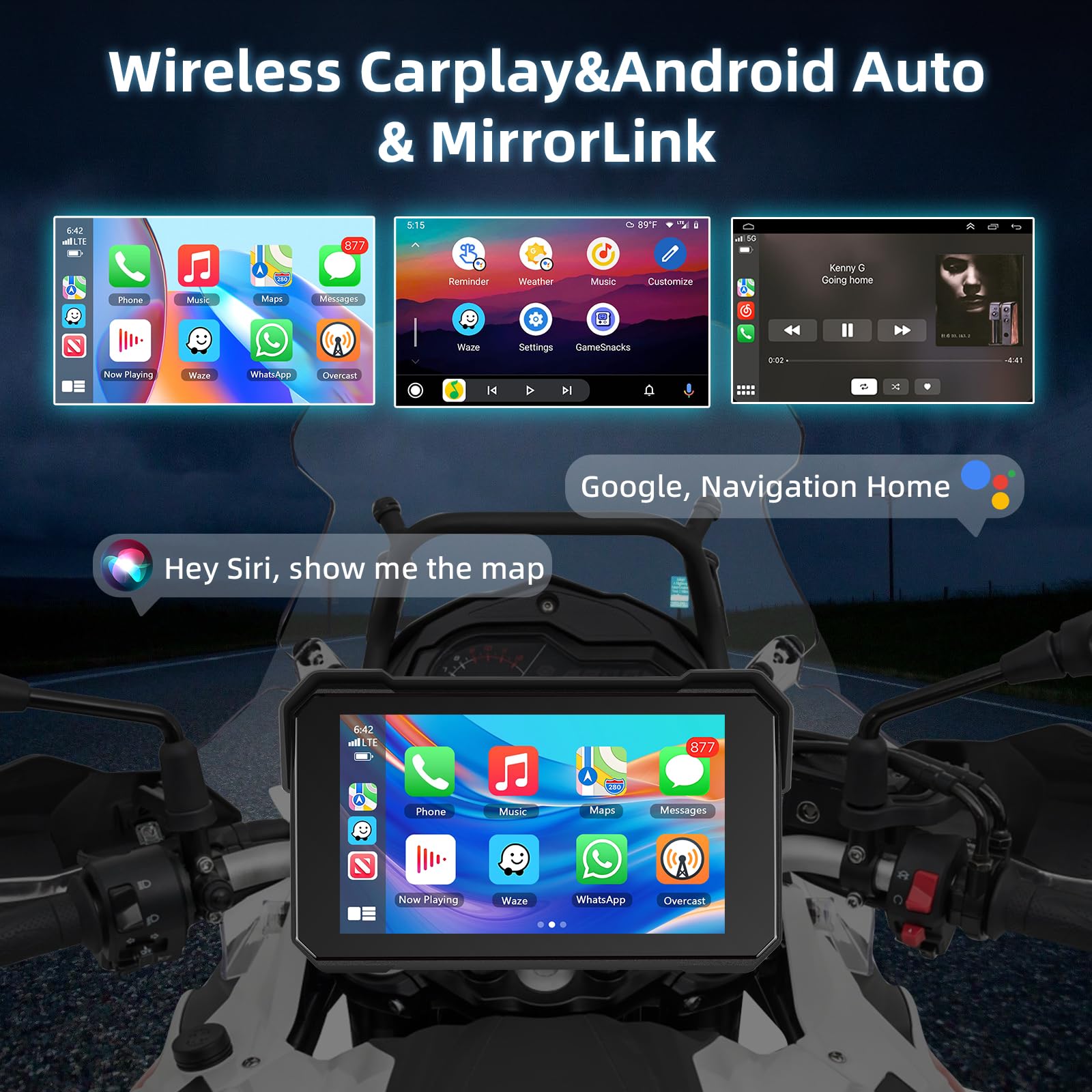 Schermo Carplay per Moto con Senza Fili CarPlay e Android Auto, 5 Pollici Impermeabile Touchscreen, Doppio Bluetooth, Navigazione GPS, Siri/G00gle Assistente, Plug-and-Play